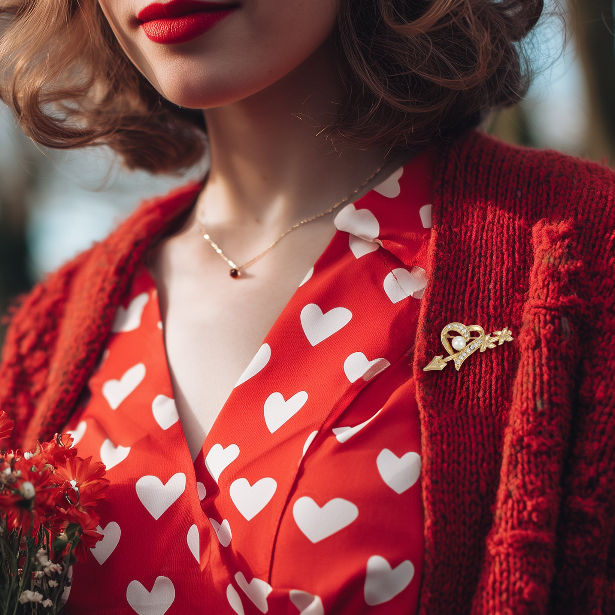 Person wearing a red cardigan with heart patterns and a gold heart-shaped brooch.
