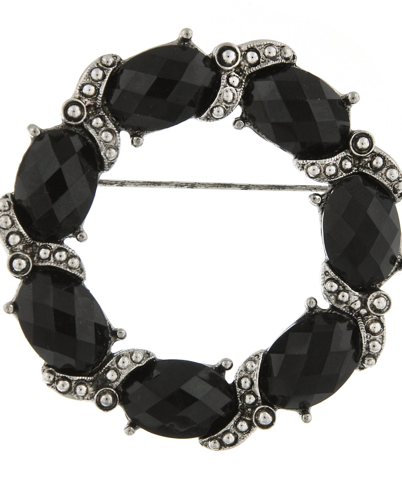 1928 Jewelry Black Faceted Stone Wreath Pin