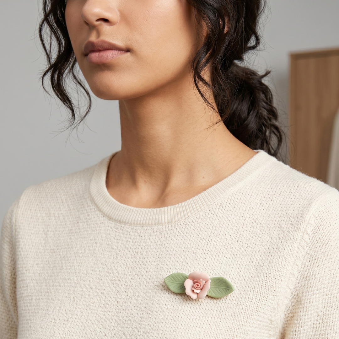 Woman wearing a beige sweater with a floral brooch on a neutral background