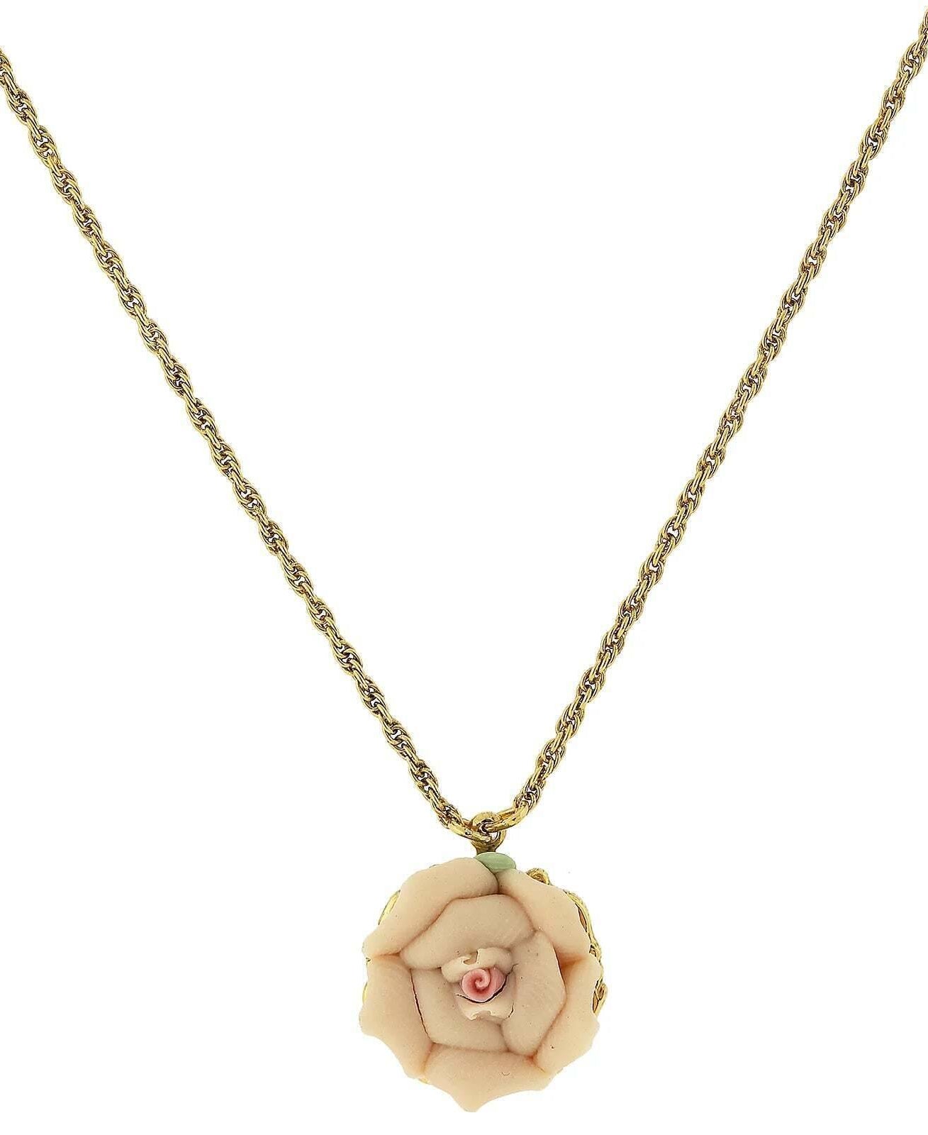 1928 Jewelry Genuine Porcelain Rose Pendant Necklace 16" + 3" Extender