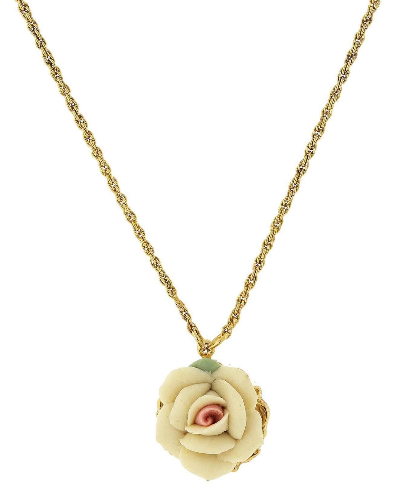 1928 Jewelry Genuine Porcelain Rose Pendant Necklace 16" + 3" Extender