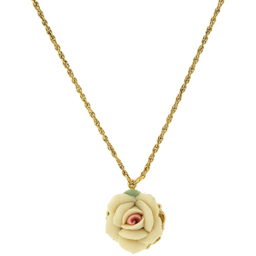 Ivory 1928 Jewelry Genuine Porcelain Rose Pendant Necklace 16" + 3" Extender