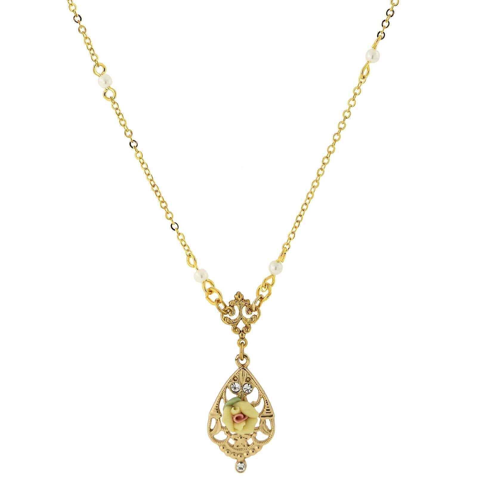 1928 Jewelry Porcelain Rose With Crystal Accent Pendant Necklace 17"