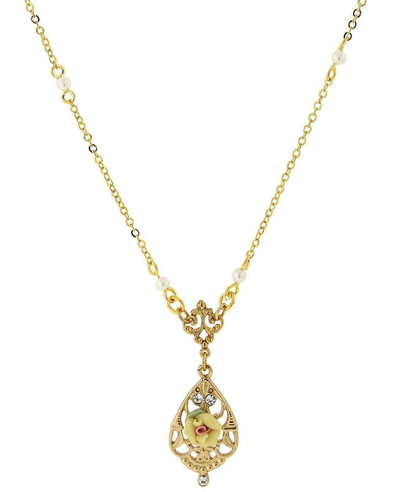 1928 Jewelry Porcelain Rose With Crystal Accent Pendant Necklace 17"