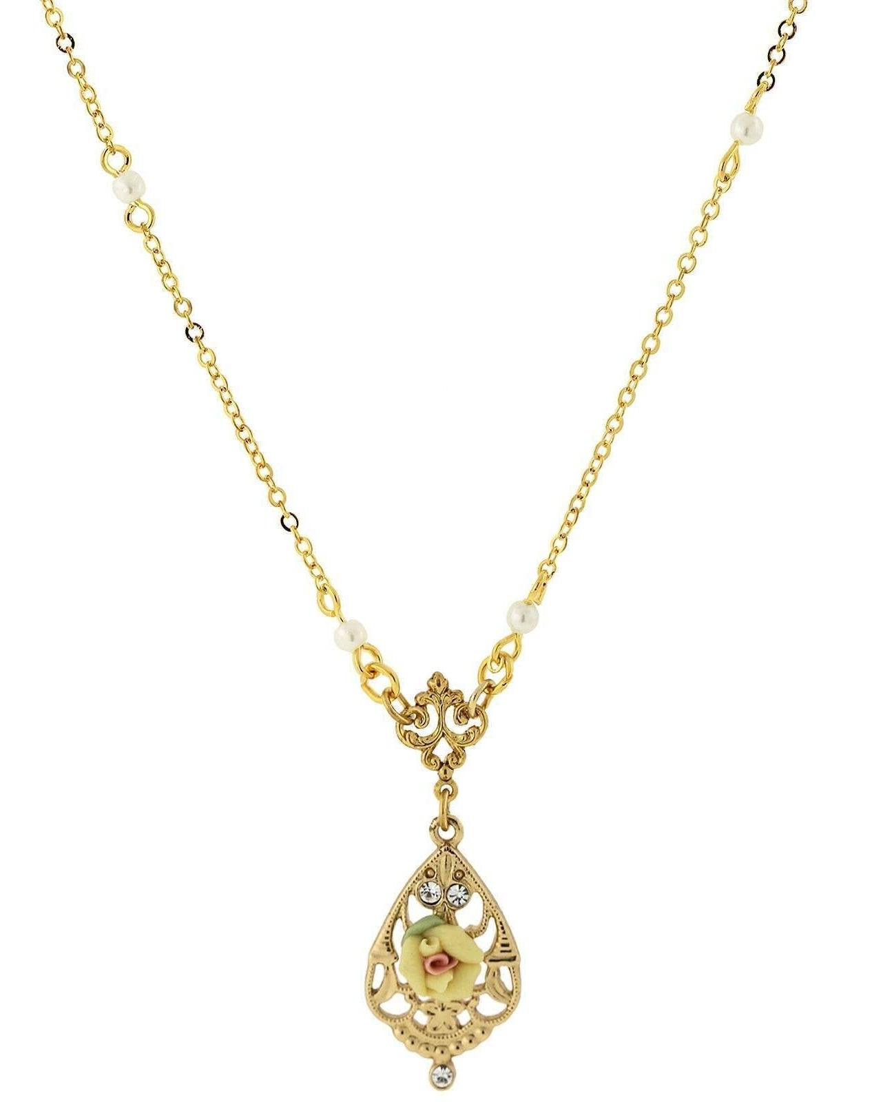 1928 Jewelry Porcelain Rose With Crystal Accent Pendant Necklace 17"