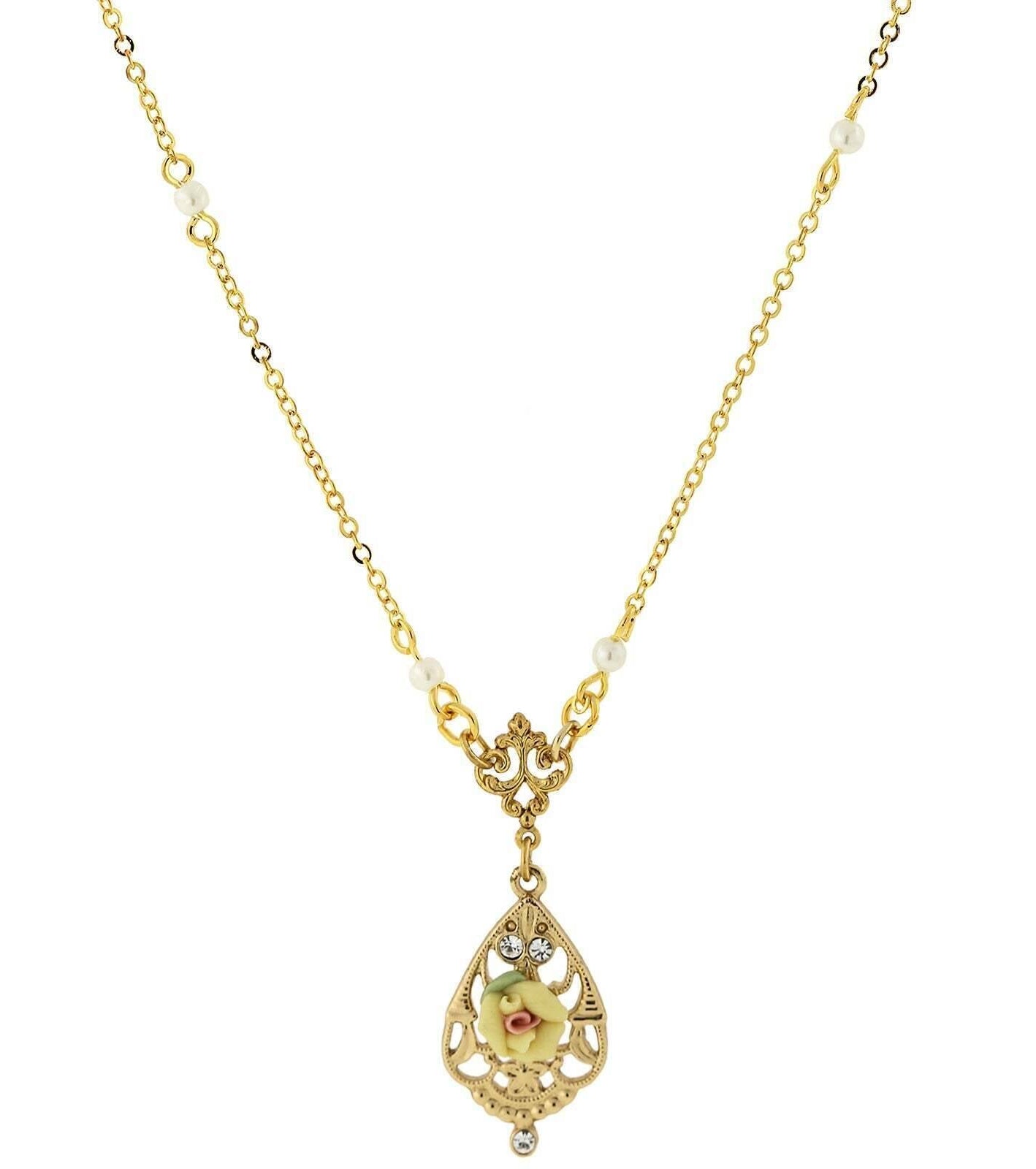 1928 Jewelry Porcelain Rose With Crystal Accent Pendant Necklace 17"