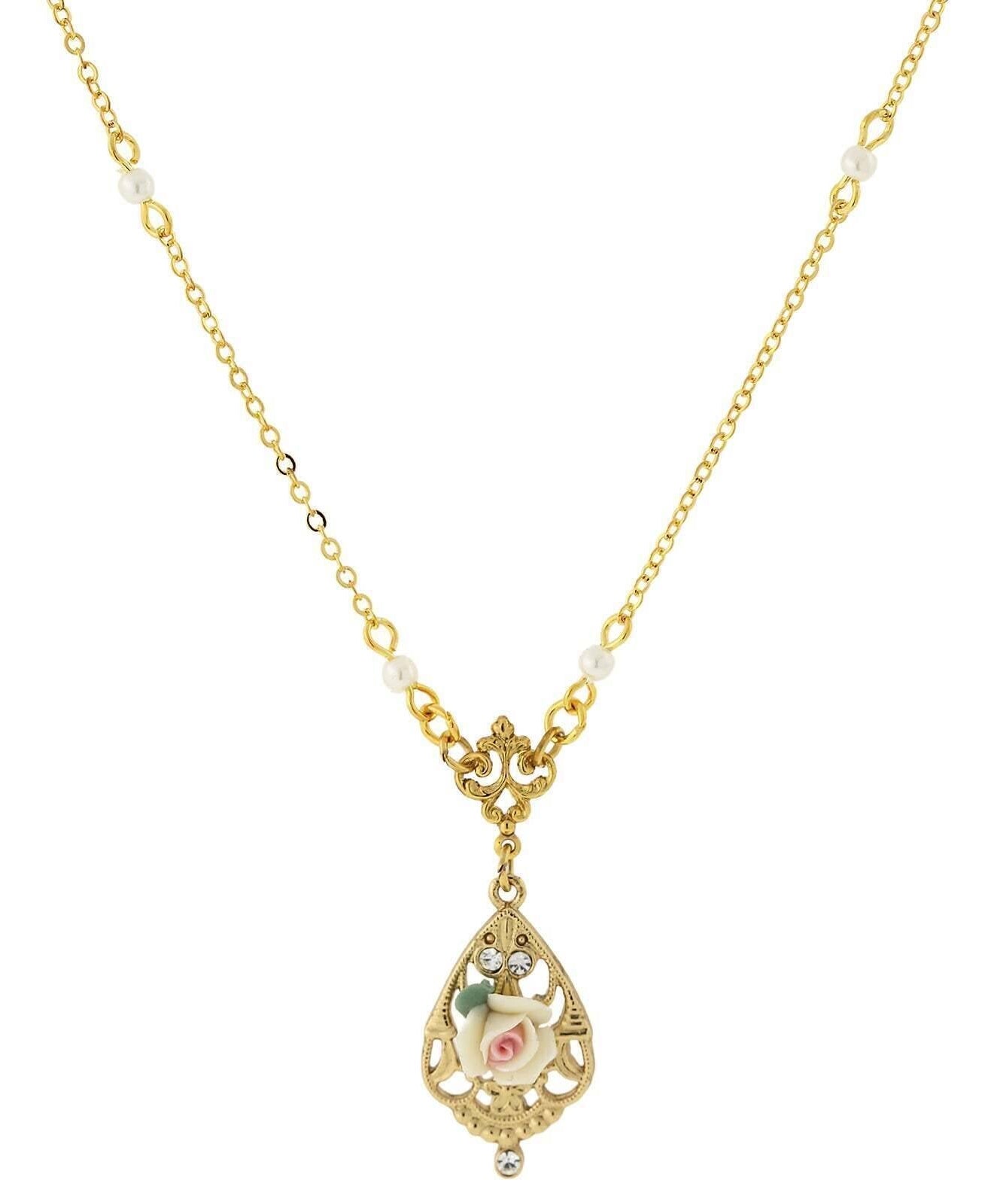 1928 Jewelry Porcelain Rose With Crystal Accent Pendant Necklace 17"