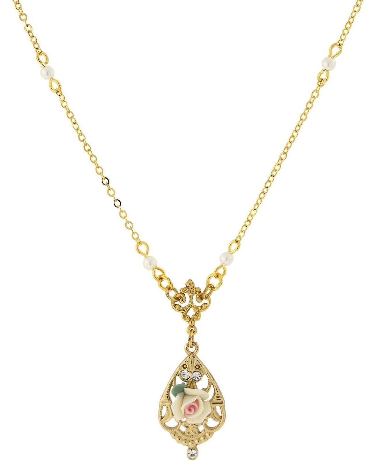 1928 Jewelry Porcelain Rose With Crystal Accent Pendant Necklace 17"