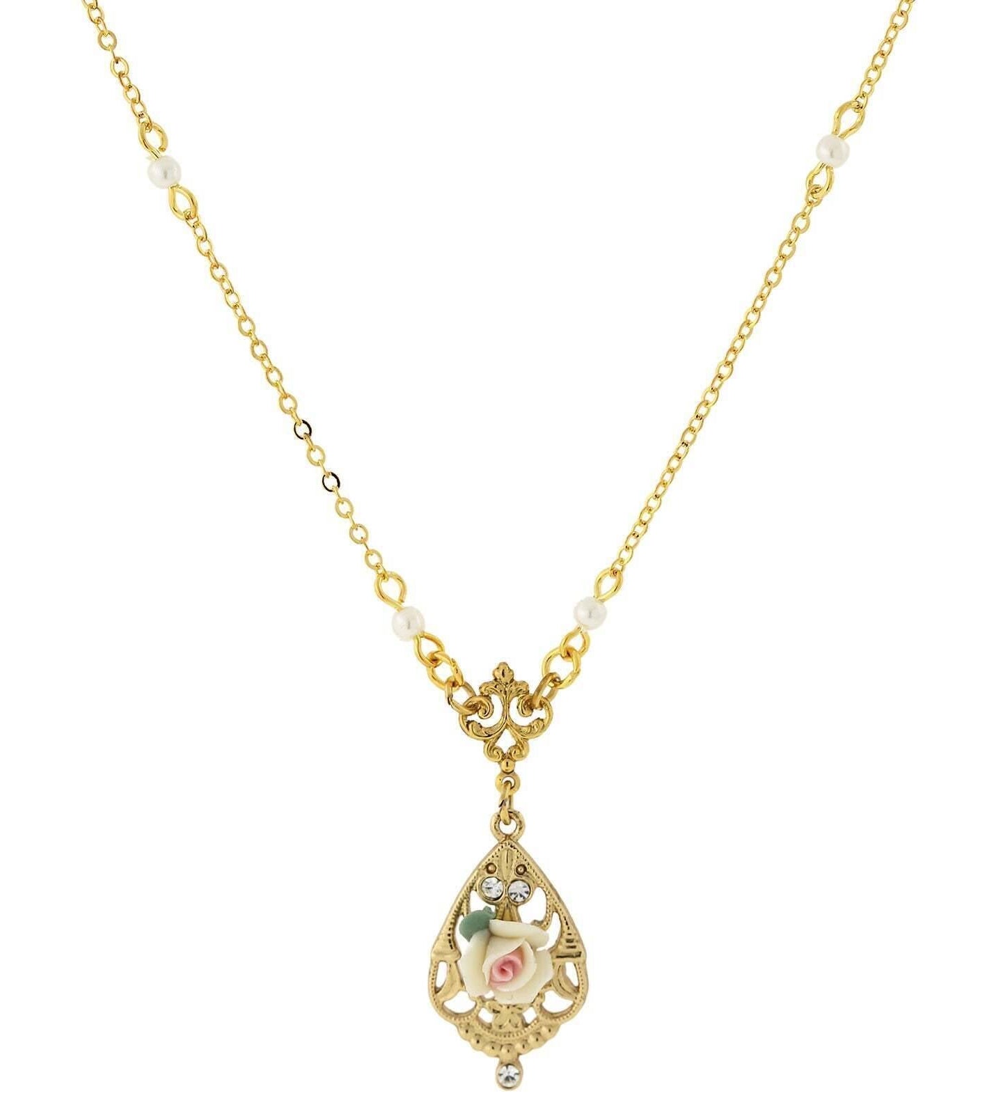 1928 Jewelry Porcelain Rose With Crystal Accent Pendant Necklace 17"