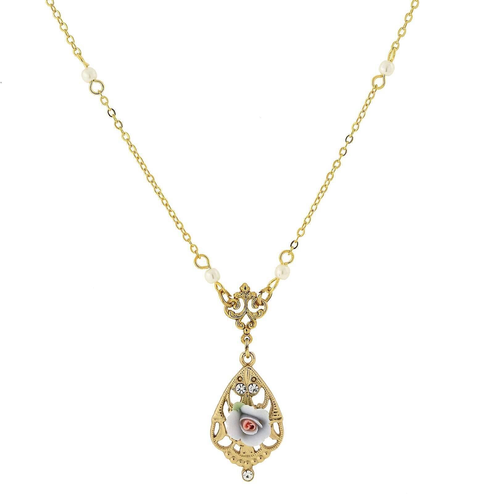 1928 Jewelry Porcelain Rose With Crystal Accent Pendant Necklace 17"