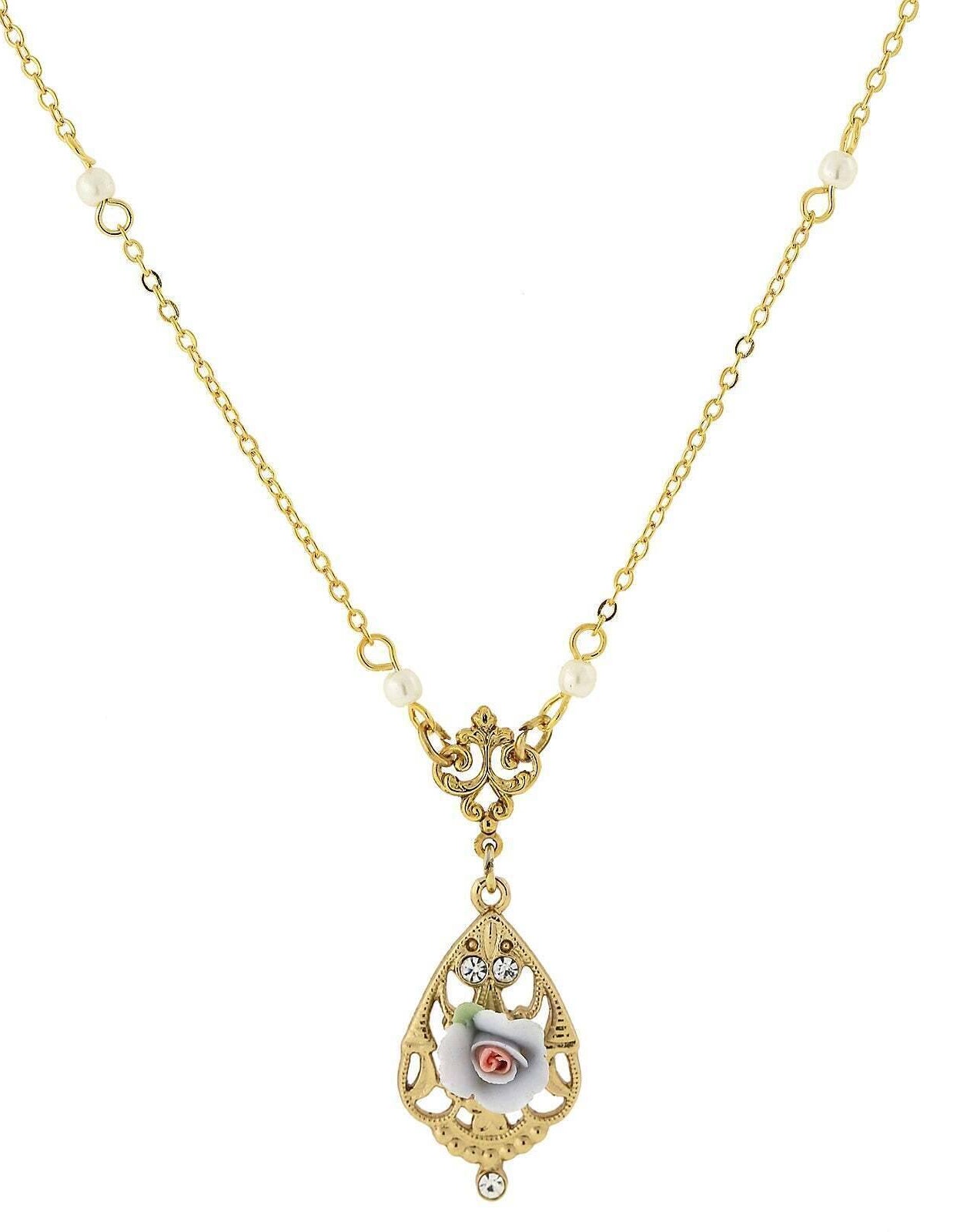 1928 Jewelry Porcelain Rose With Crystal Accent Pendant Necklace 17"