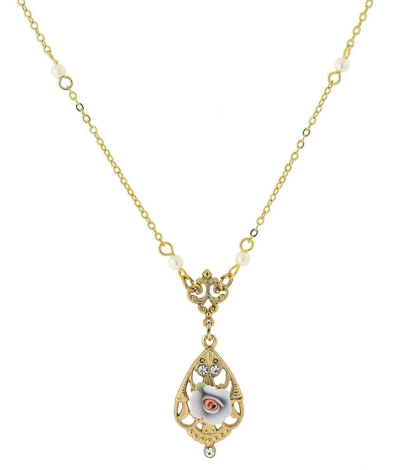 1928 Jewelry Porcelain Rose With Crystal Accent Pendant Necklace 17"