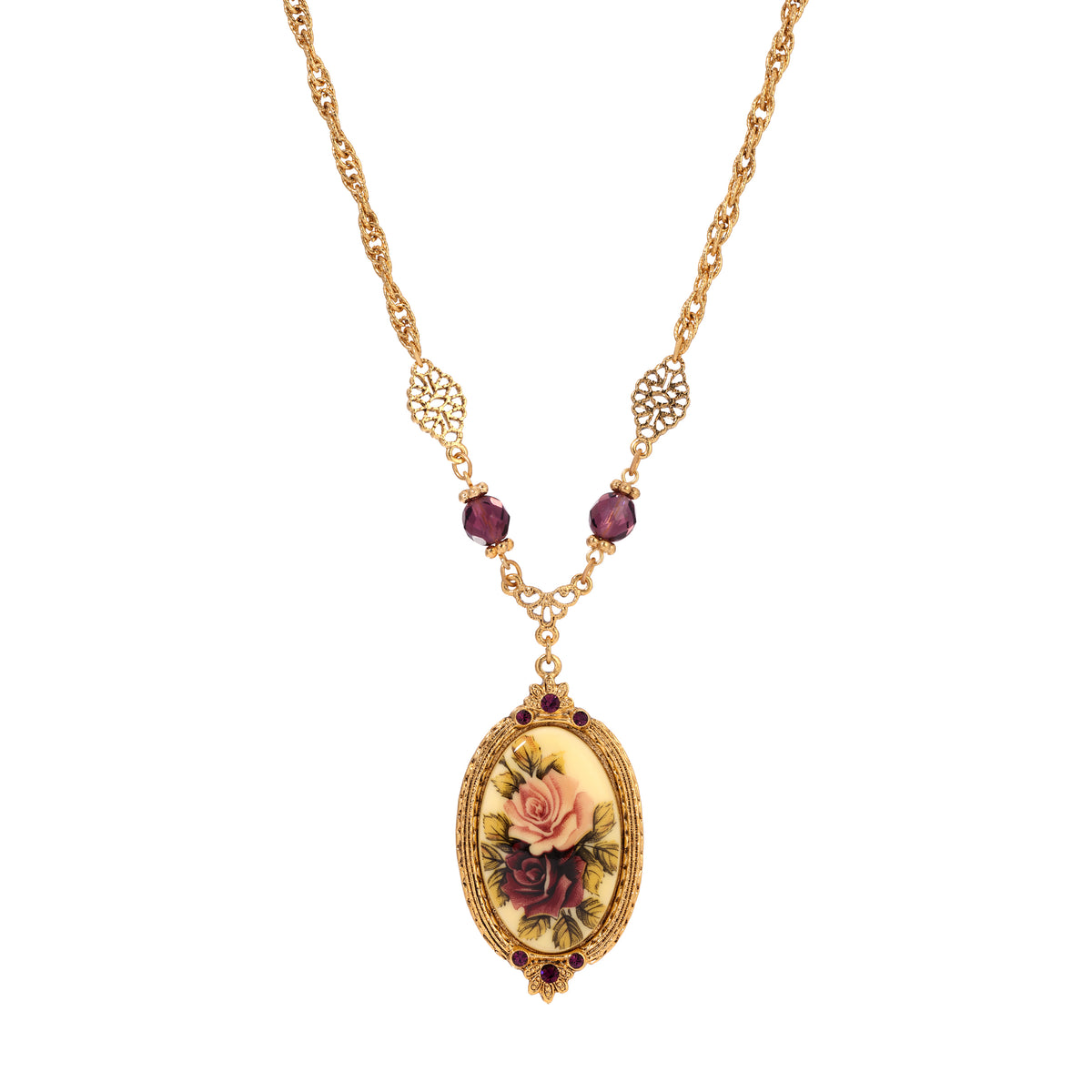 Manor House Rose Pendant Amethyst Crystal Pendant Necklace 16" + 3" Extender
