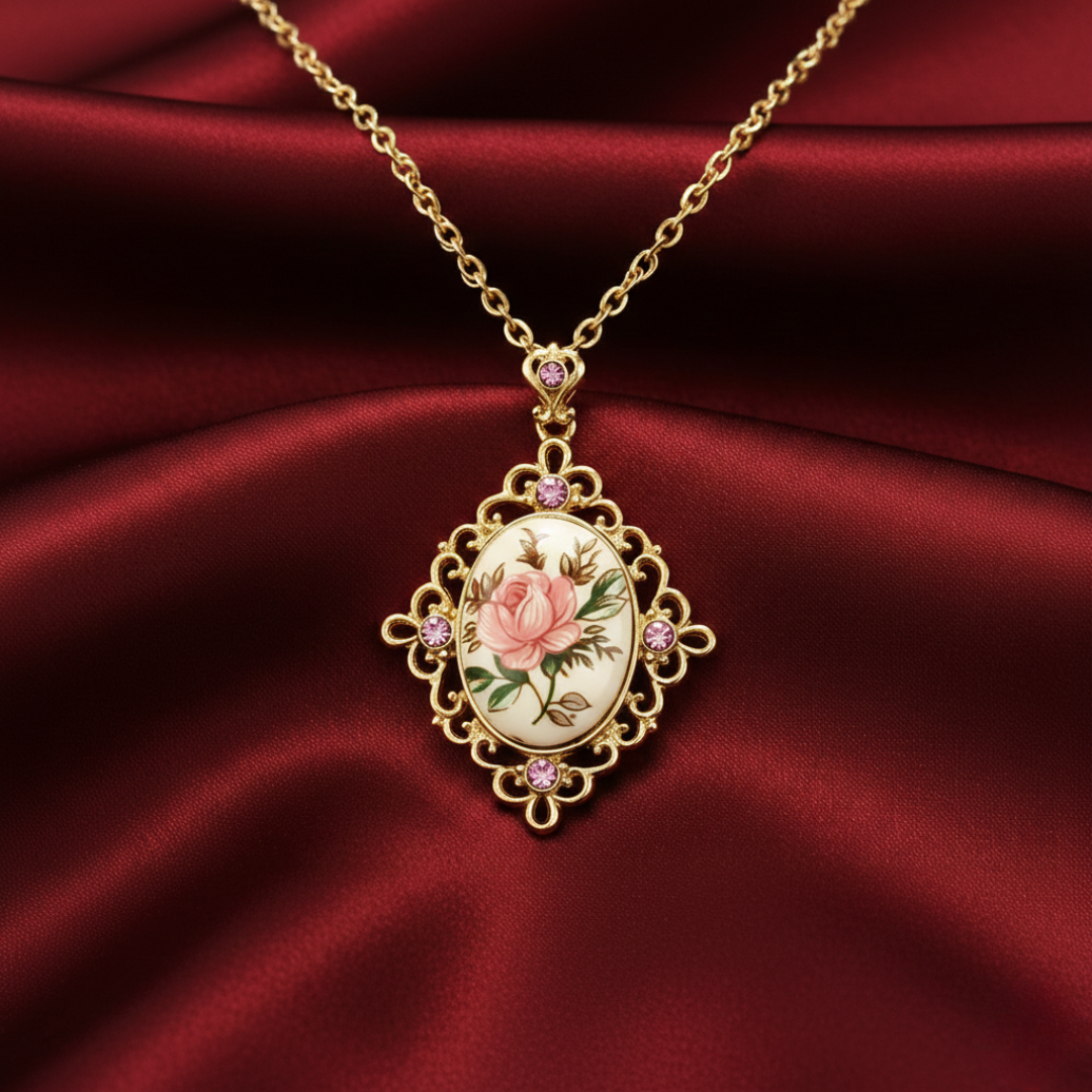 Gold necklace with a floral pendant featuring a rose design on a red satin background.
