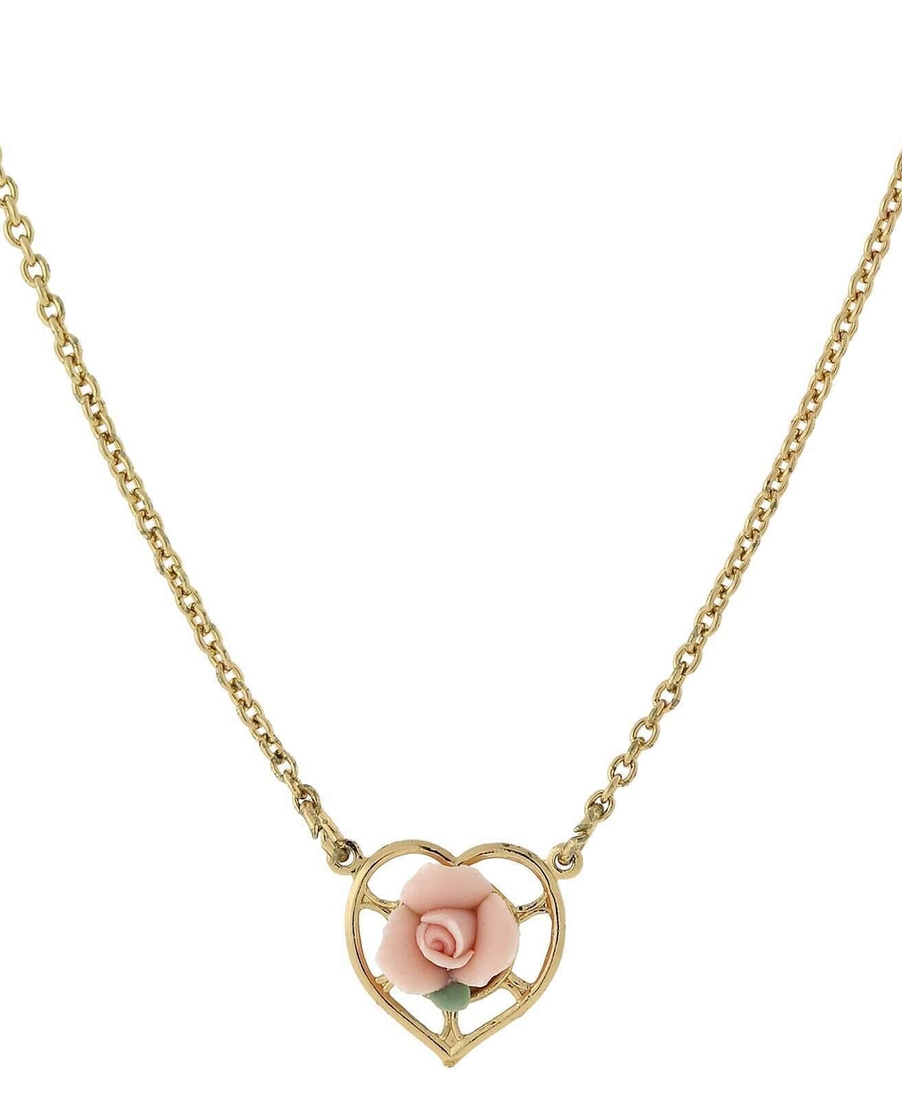 1928 Jewelry Porcelain Rose Heart Pendant Necklace 16" + 3" Extender