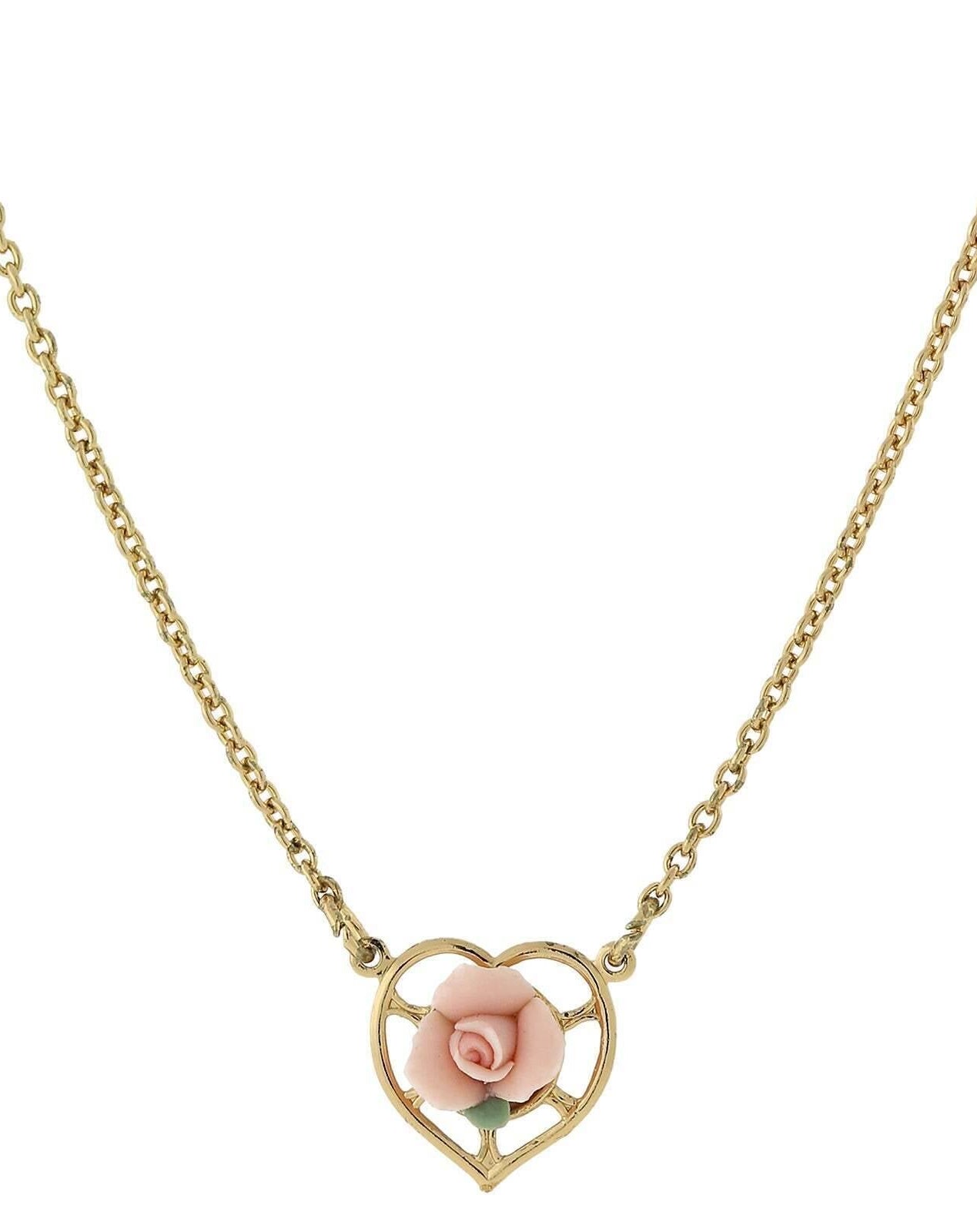 1928 Jewelry Porcelain Rose Heart Pendant Necklace 16" + 3" Extender
