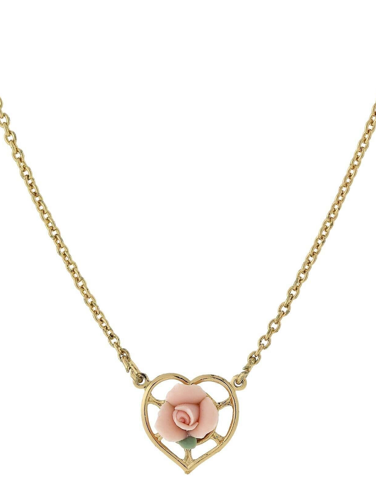 1928 Jewelry Porcelain Rose Heart Pendant Necklace 16" + 3" Extender