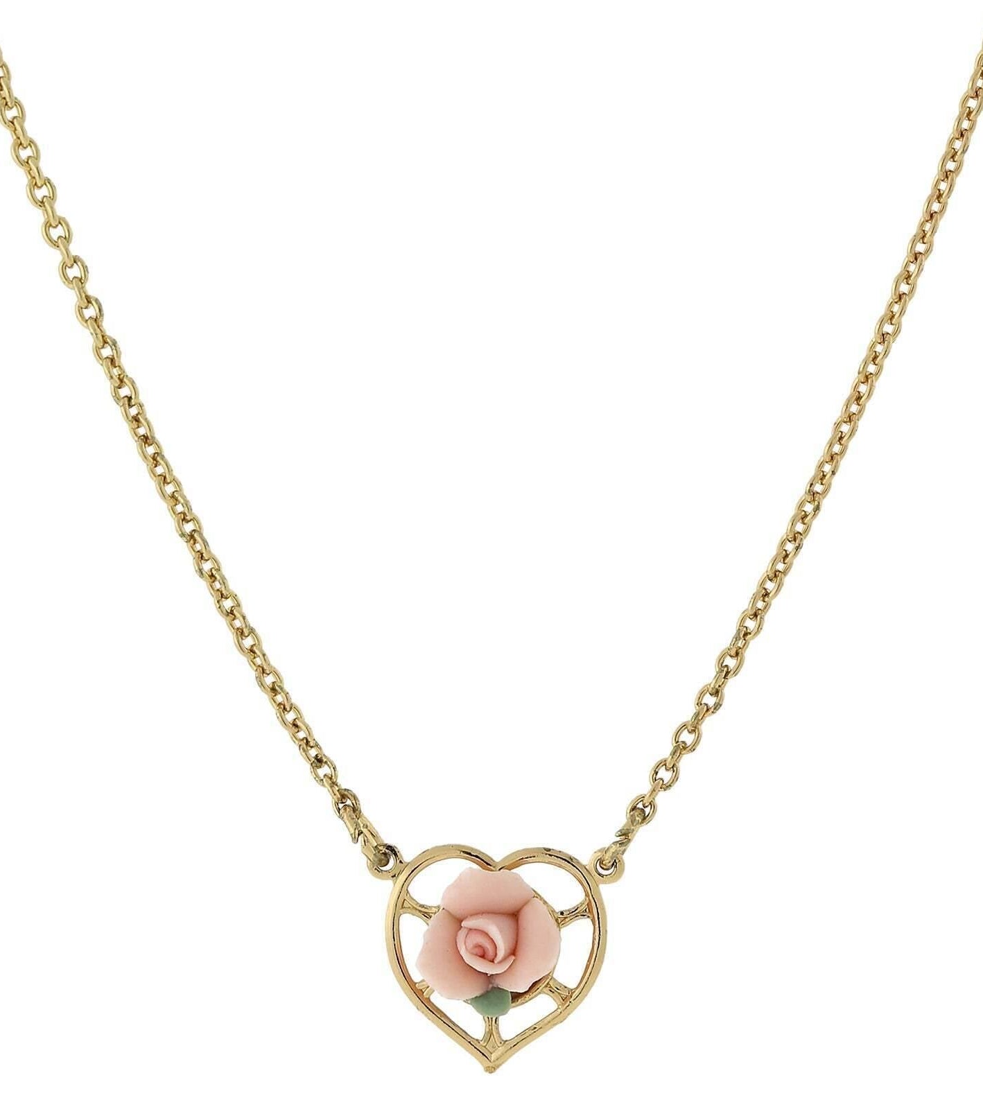 1928 Jewelry Porcelain Rose Heart Pendant Necklace 16" + 3" Extender