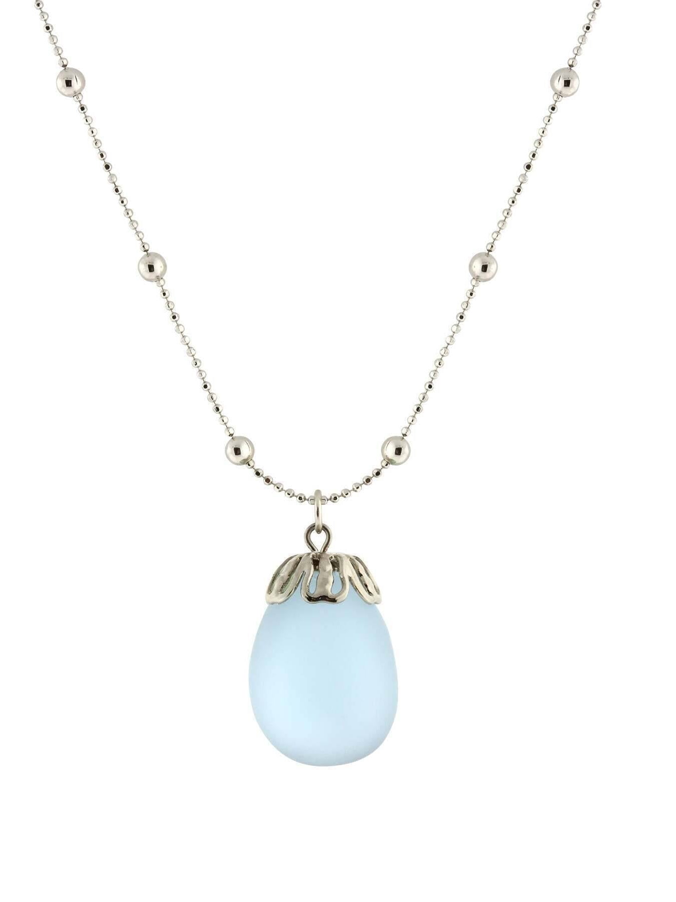 1928 Jewelry Frosted Glass Egg Pendant Beaded Chain Necklace 16" + 3" Extender
