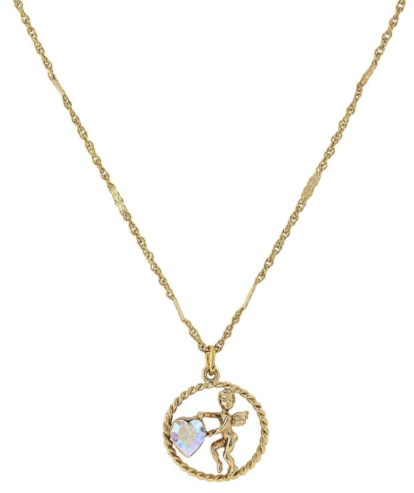 1928 Jewelry Winged Cherub Angel Crystal Heart Pendant Necklace 16" + 3" Extender