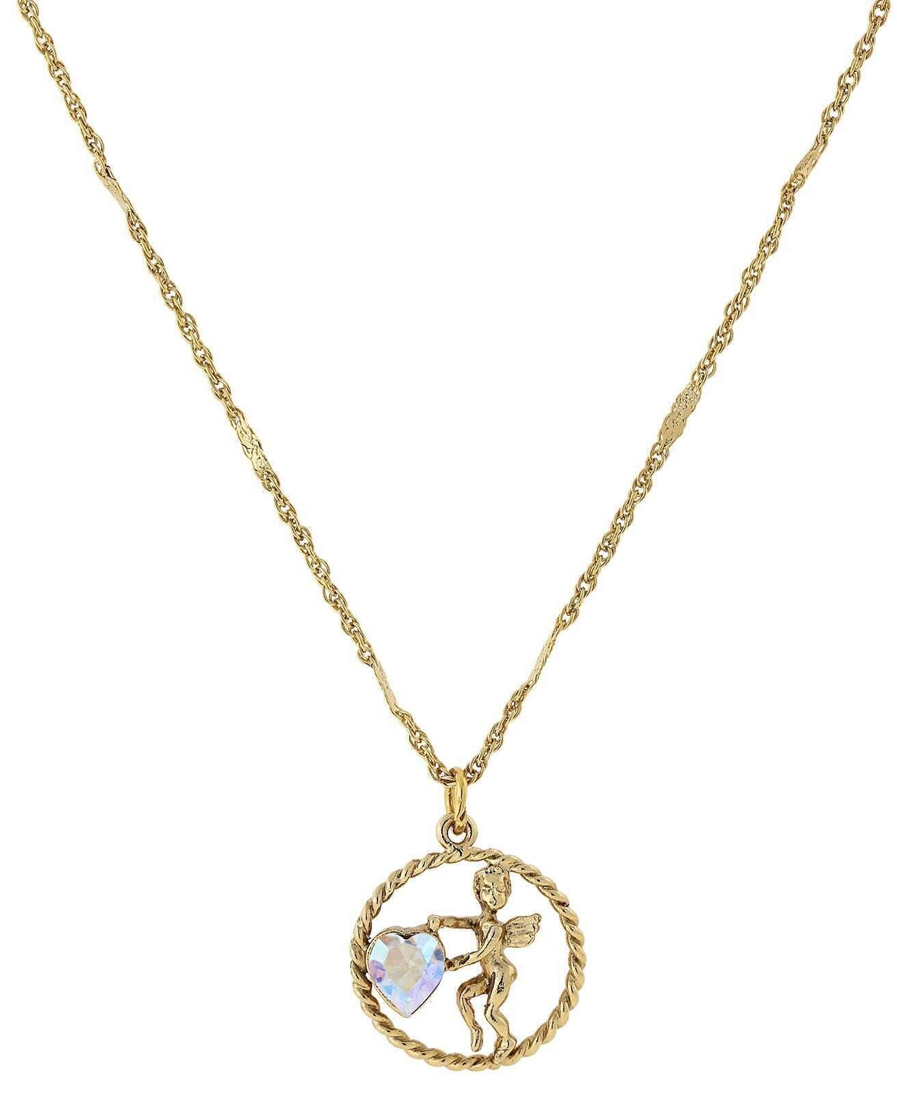 1928 Jewelry Winged Cherub Angel Crystal Heart Pendant Necklace 16" + 3" Extender