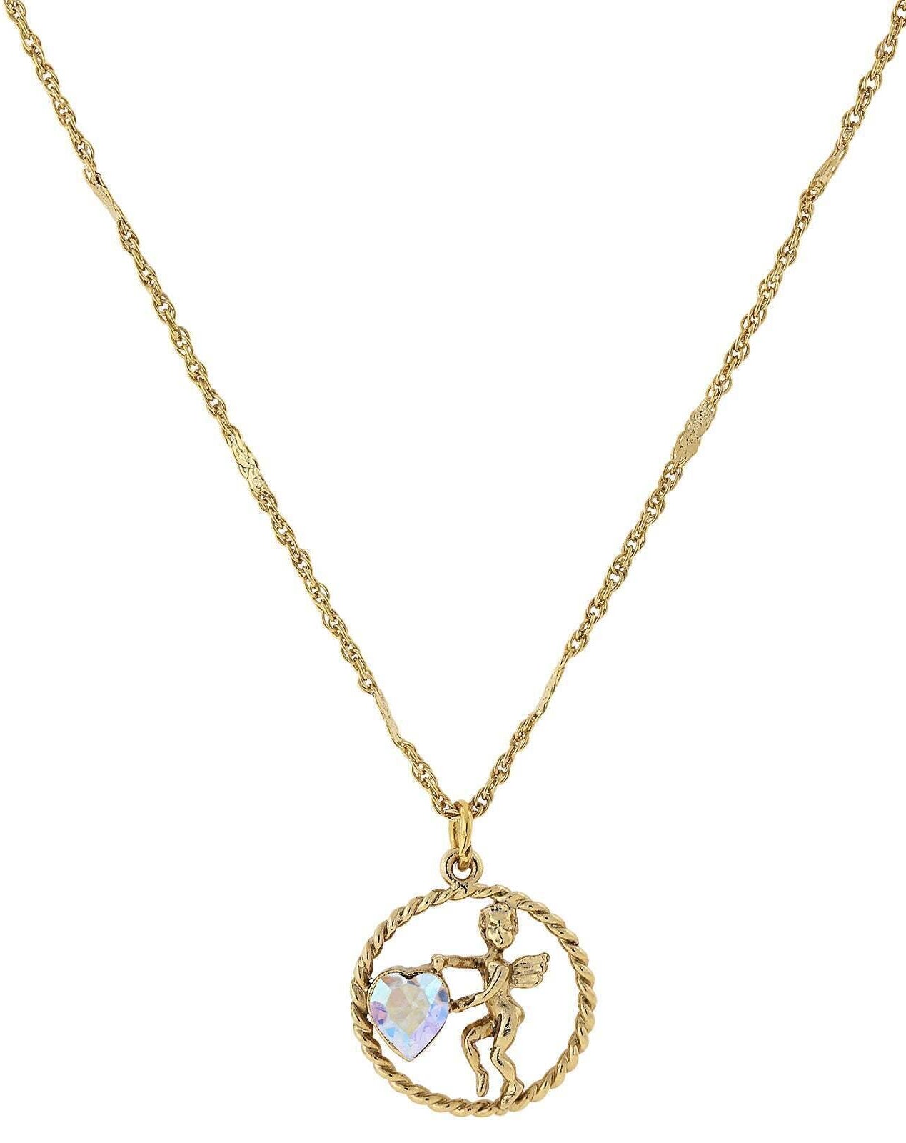 1928 Jewelry Winged Cherub Angel Crystal Heart Pendant Necklace 16" + 3" Extender