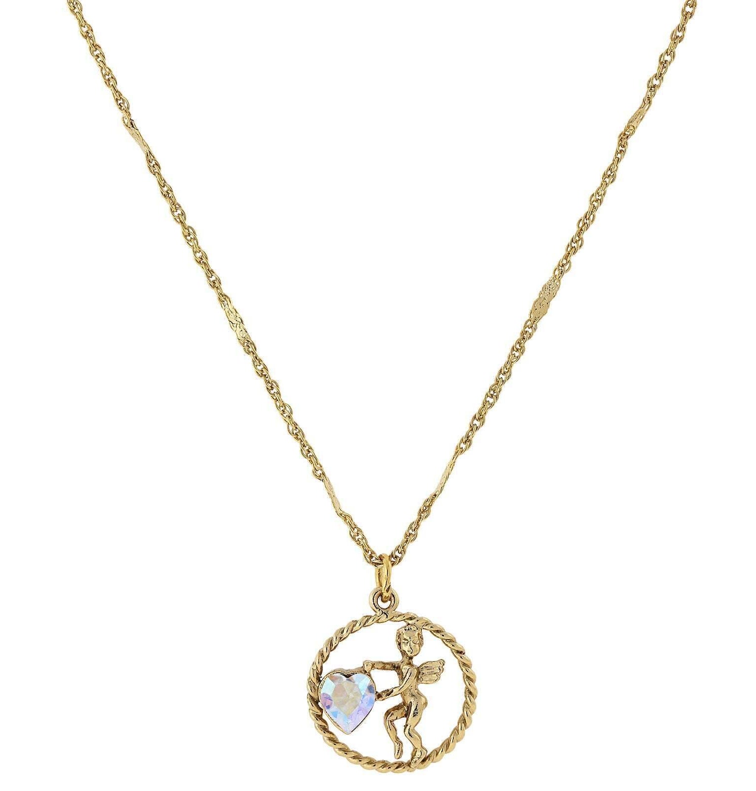 1928 Jewelry Winged Cherub Angel Crystal Heart Pendant Necklace 16" + 3" Extender