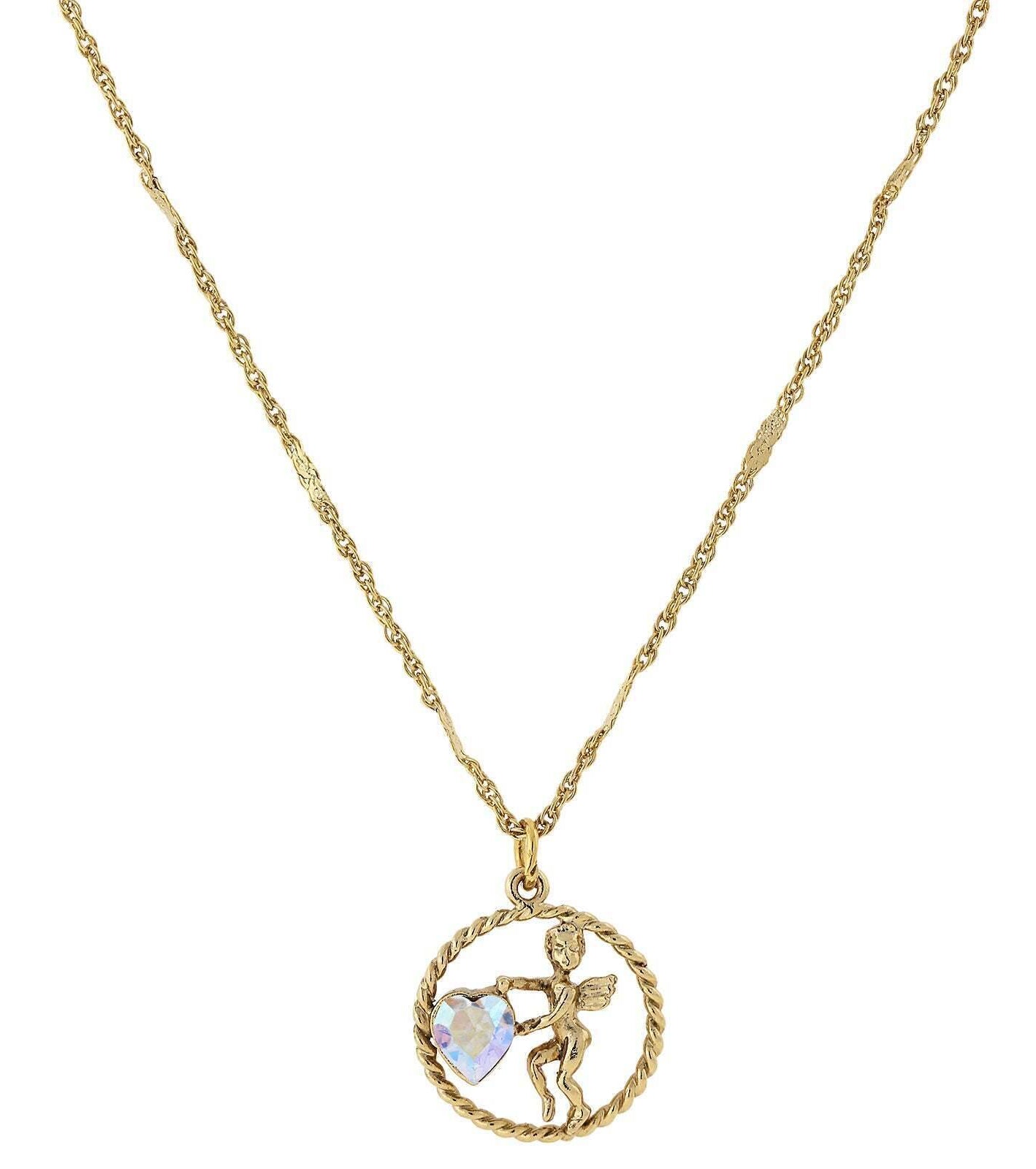 1928 Jewelry Winged Cherub Angel Crystal Heart Pendant Necklace 16" + 3" Extender