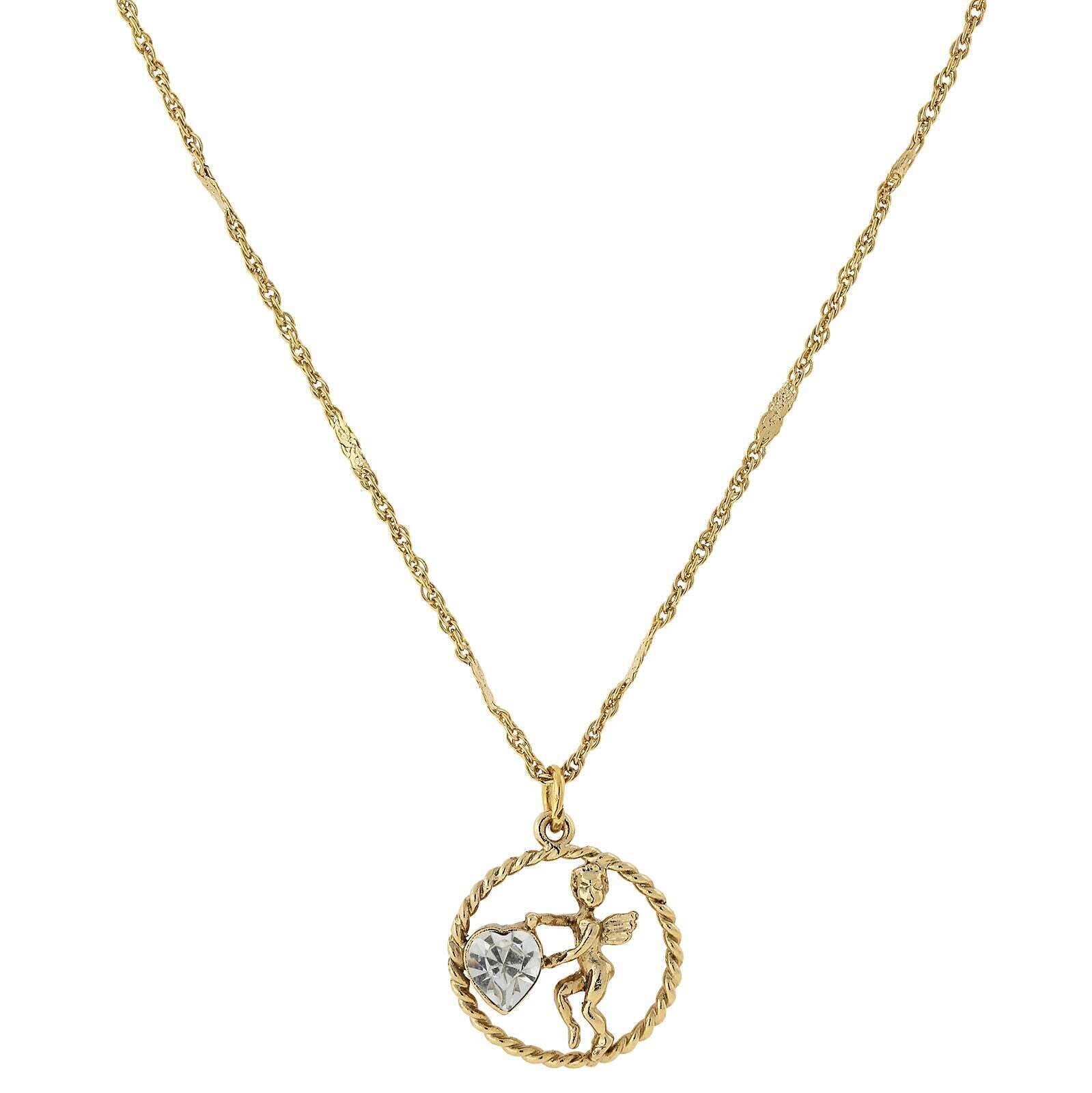1928 Jewelry Winged Cherub Angel Crystal Heart Pendant Necklace 16" + 3" Extender