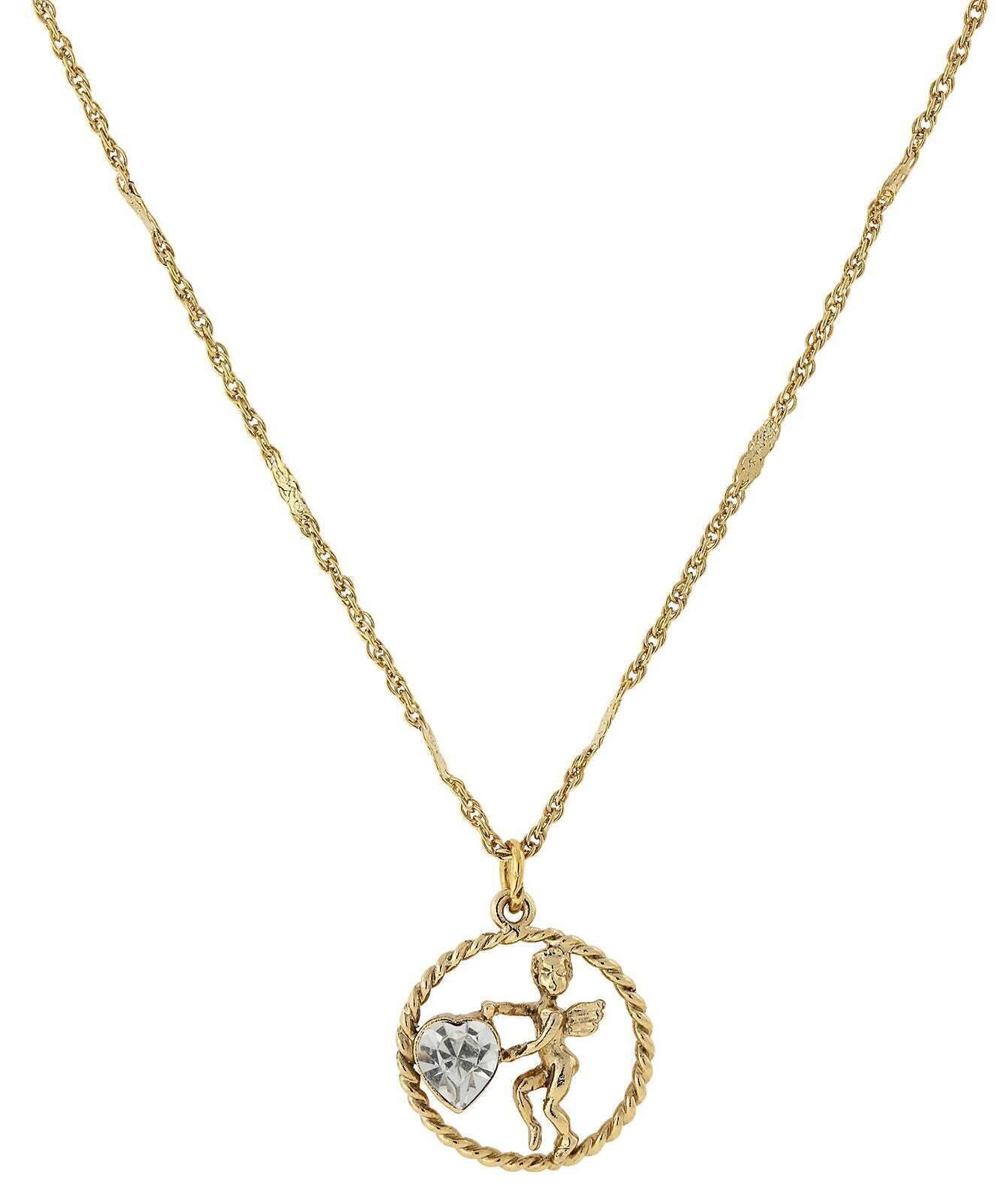 1928 Jewelry Winged Cherub Angel Crystal Heart Pendant Necklace 16" + 3" Extender