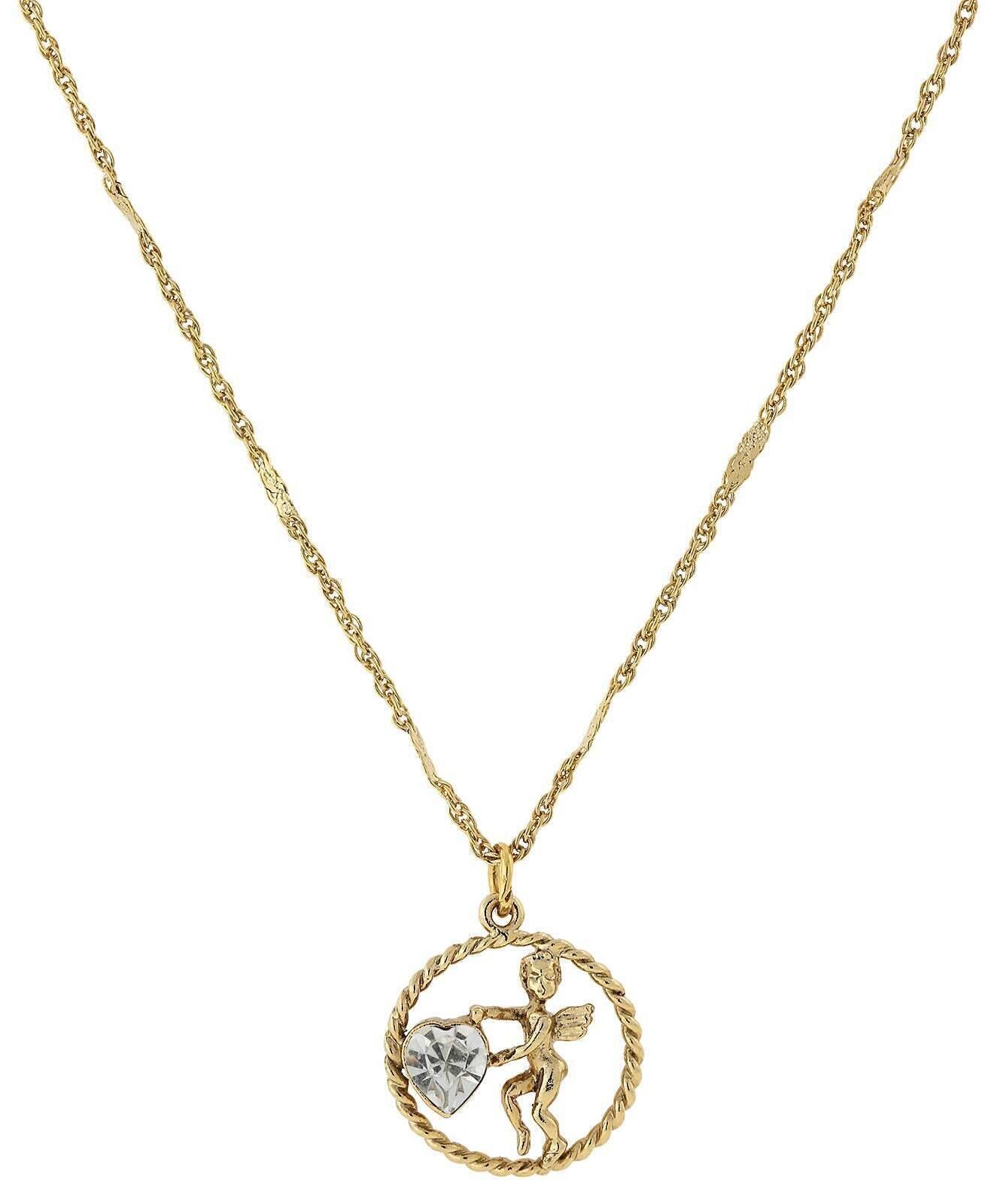 1928 Jewelry Winged Cherub Angel Crystal Heart Pendant Necklace 16" + 3" Extender