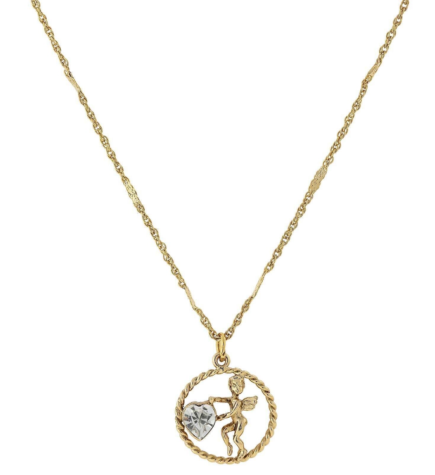 1928 Jewelry Winged Cherub Angel Crystal Heart Pendant Necklace 16" + 3" Extender