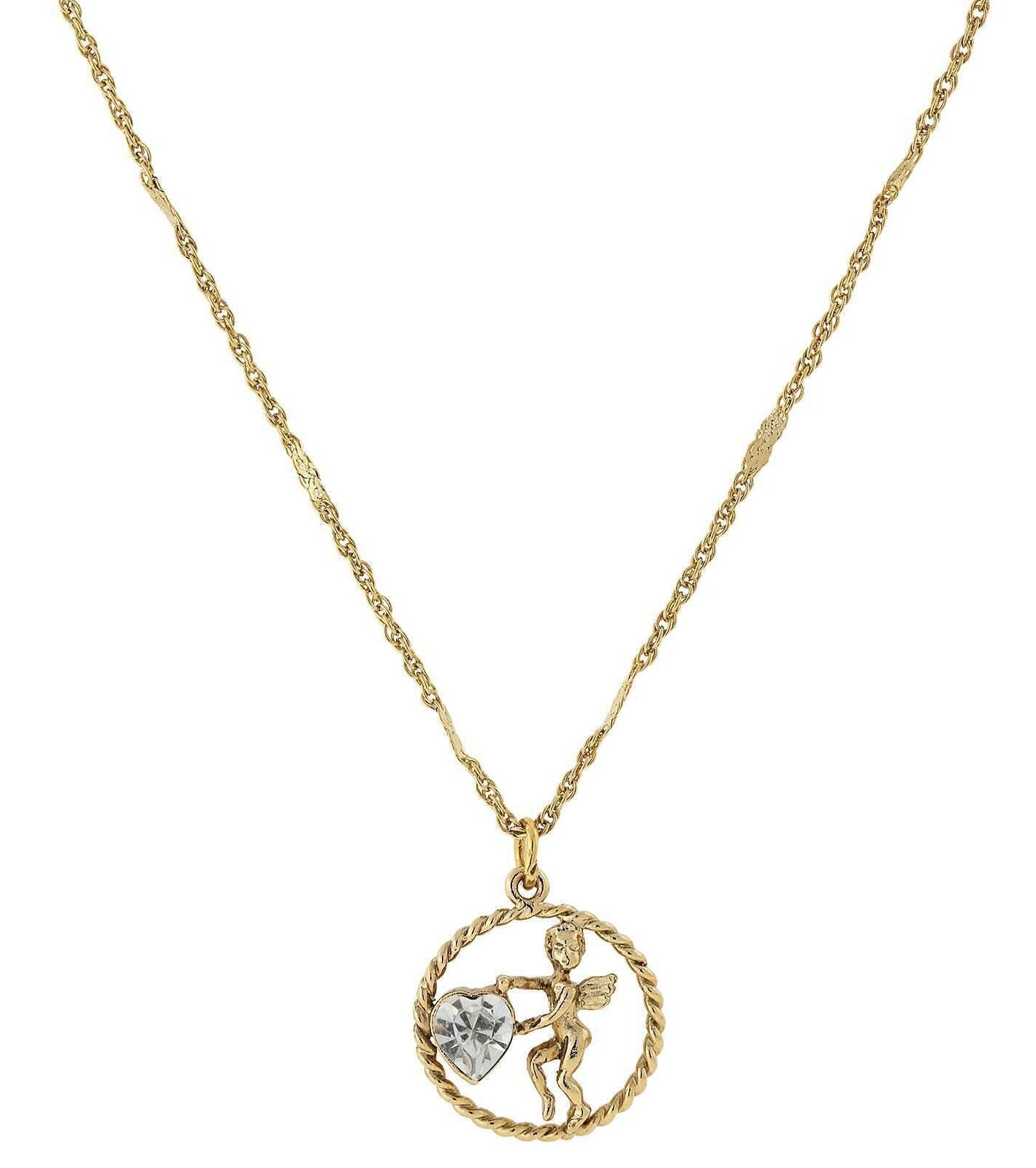 1928 Jewelry Winged Cherub Angel Crystal Heart Pendant Necklace 16" + 3" Extender