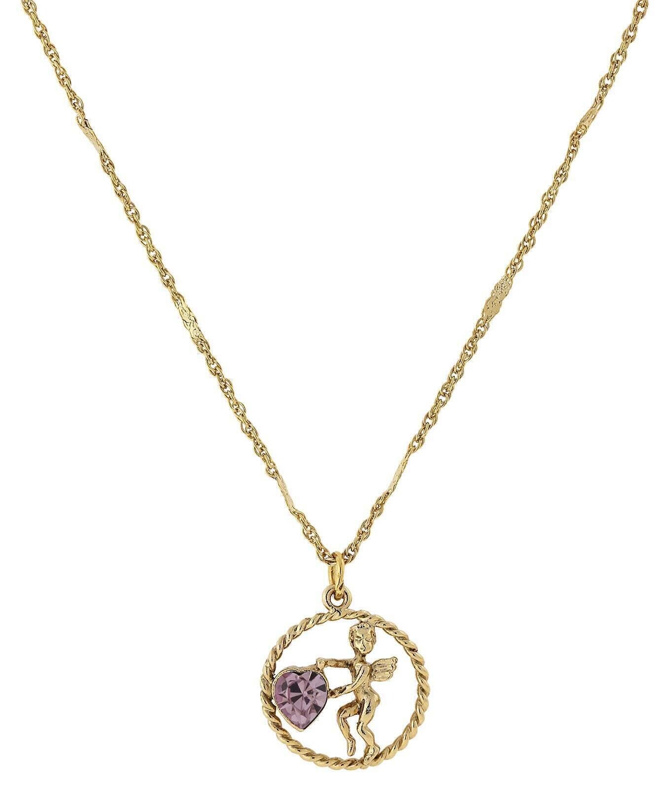 1928 Jewelry Winged Cherub Angel Crystal Heart Pendant Necklace 16" + 3" Extender