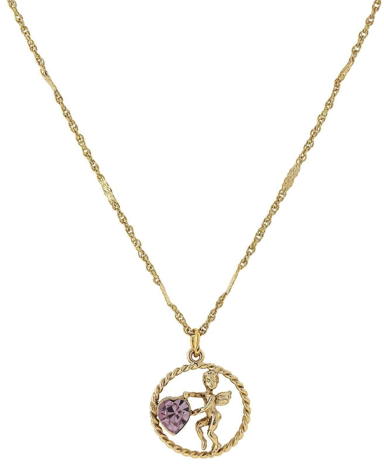 1928 Jewelry Winged Cherub Angel Crystal Heart Pendant Necklace 16" + 3" Extender