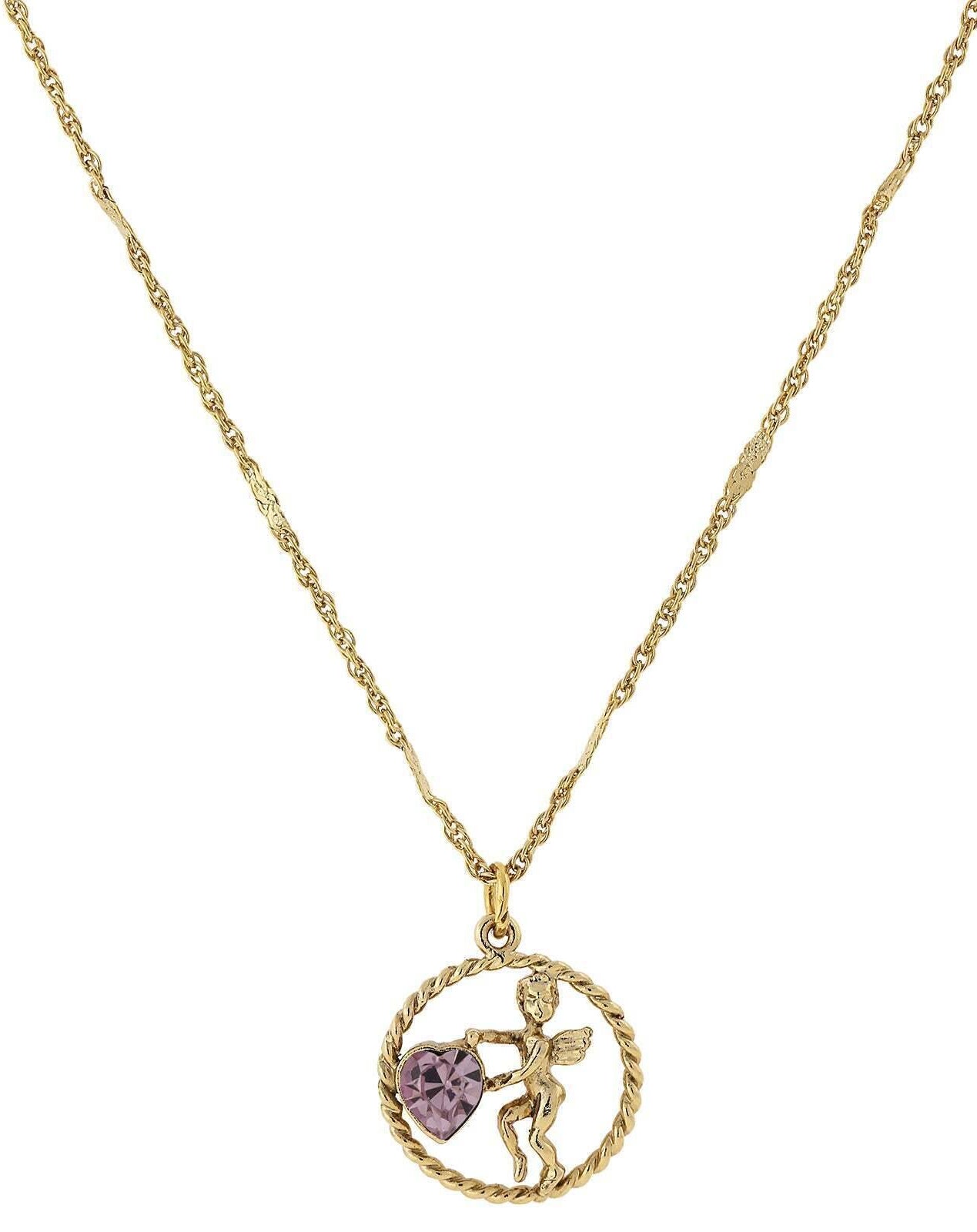 1928 Jewelry Winged Cherub Angel Crystal Heart Pendant Necklace 16" + 3" Extender