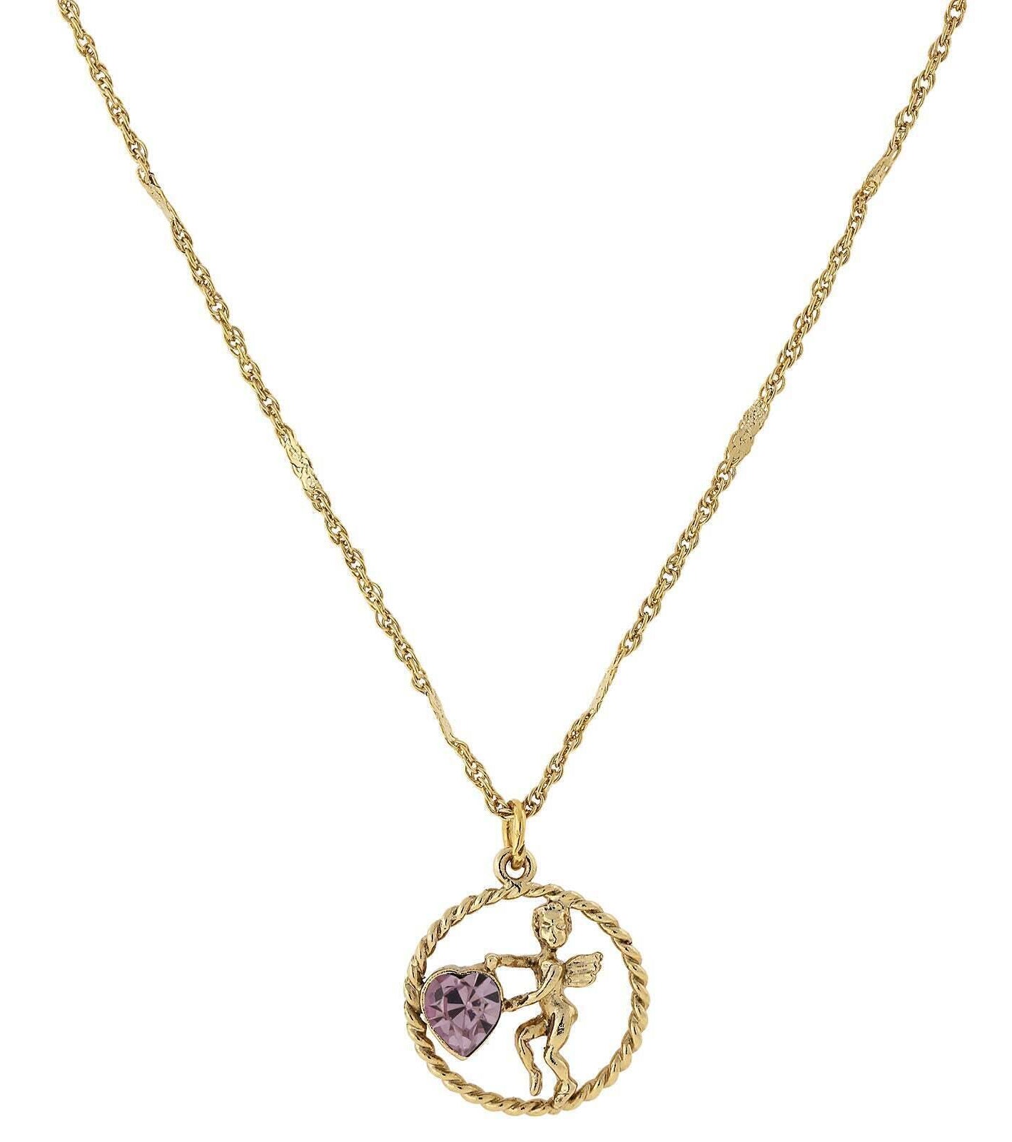 1928 Jewelry Winged Cherub Angel Crystal Heart Pendant Necklace 16" + 3" Extender