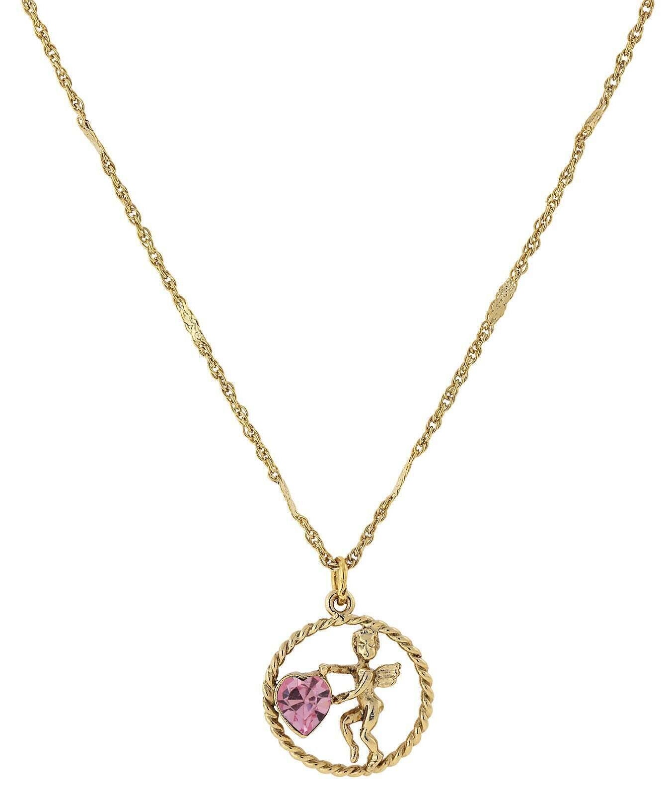 1928 Jewelry Winged Cherub Angel Crystal Heart Pendant Necklace 16" + 3" Extender