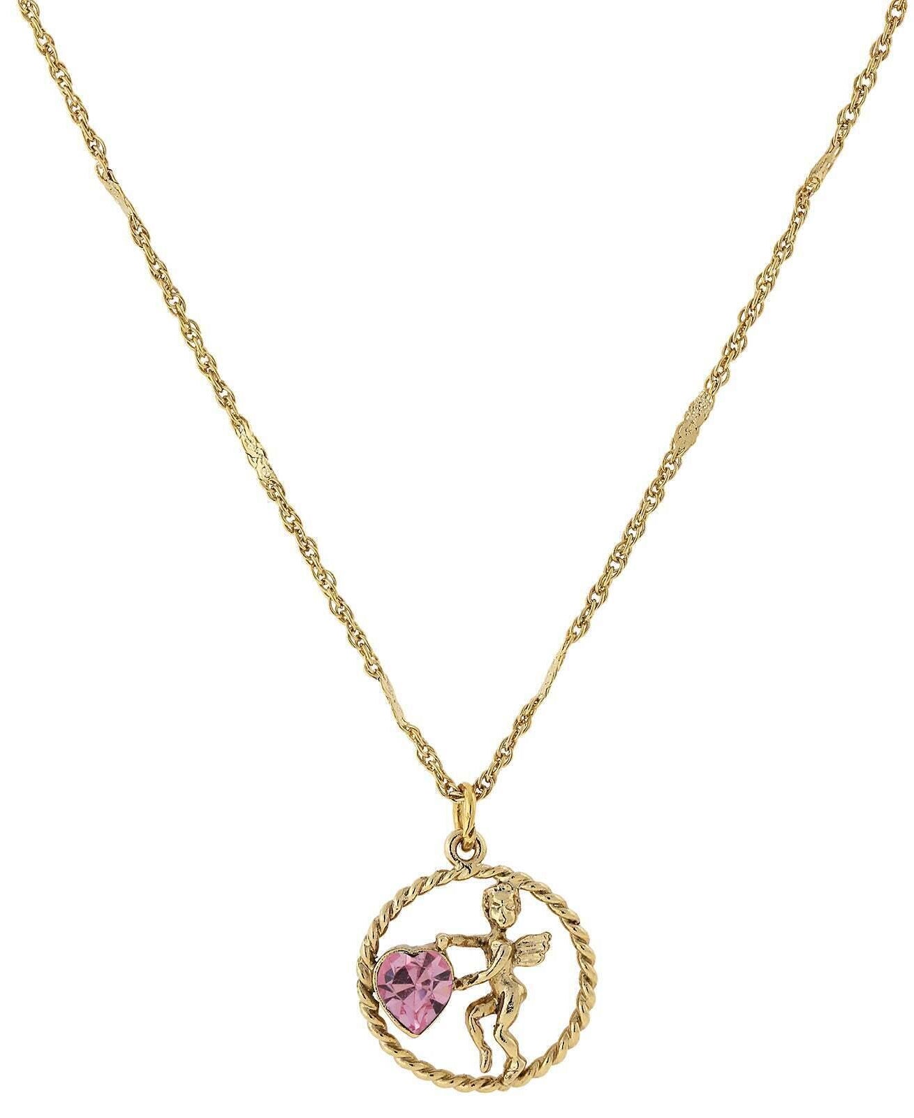 1928 Jewelry Winged Cherub Angel Crystal Heart Pendant Necklace 16" + 3" Extender