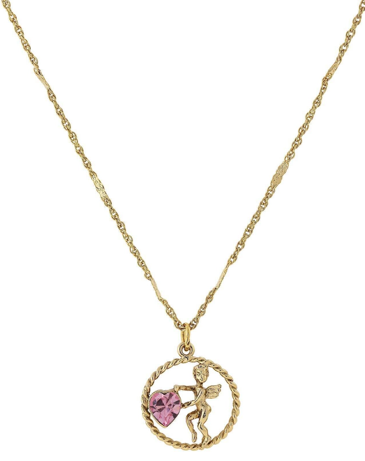 1928 Jewelry Winged Cherub Angel Crystal Heart Pendant Necklace 16" + 3" Extender