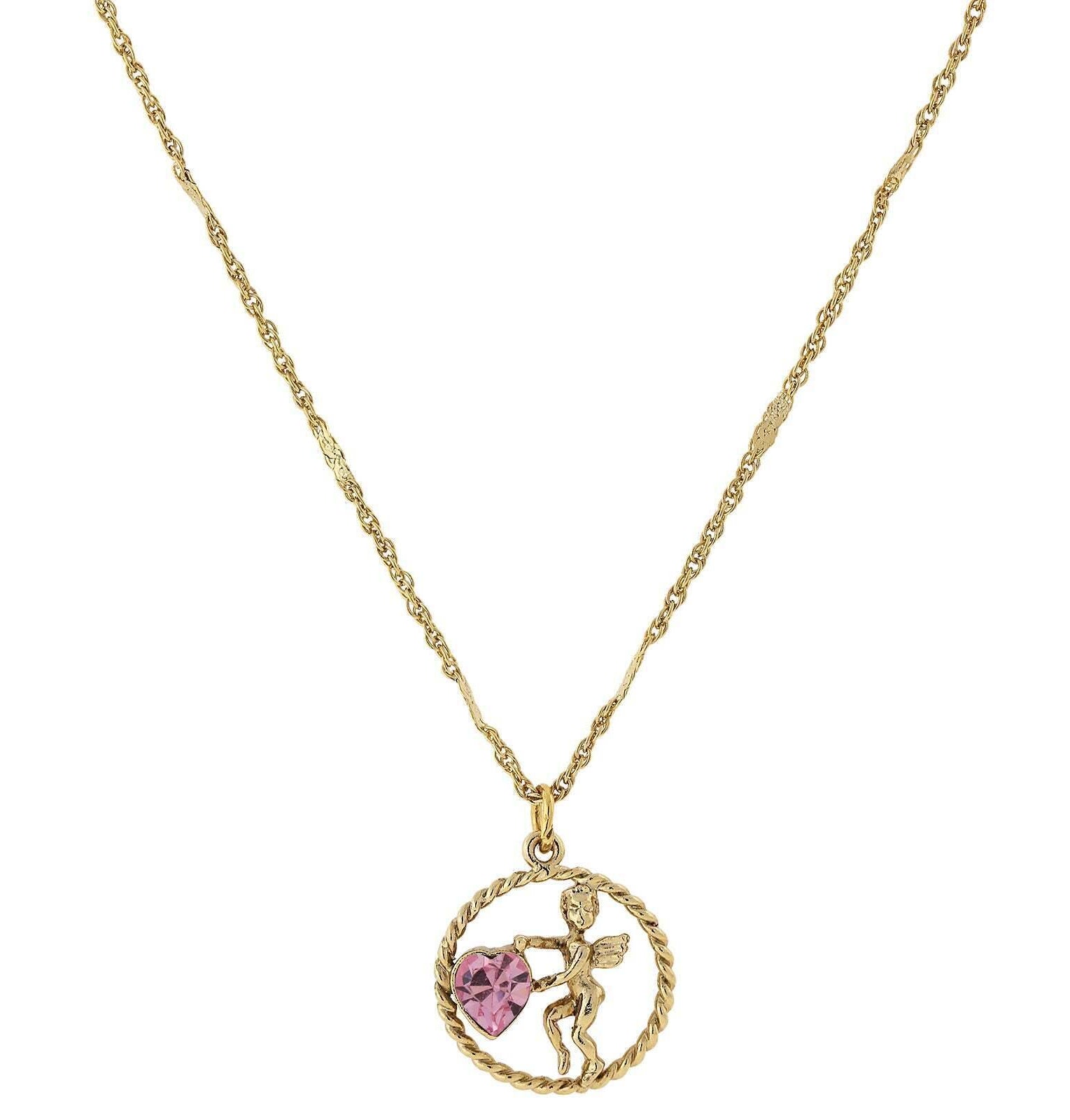 1928 Jewelry Winged Cherub Angel Crystal Heart Pendant Necklace 16" + 3" Extender