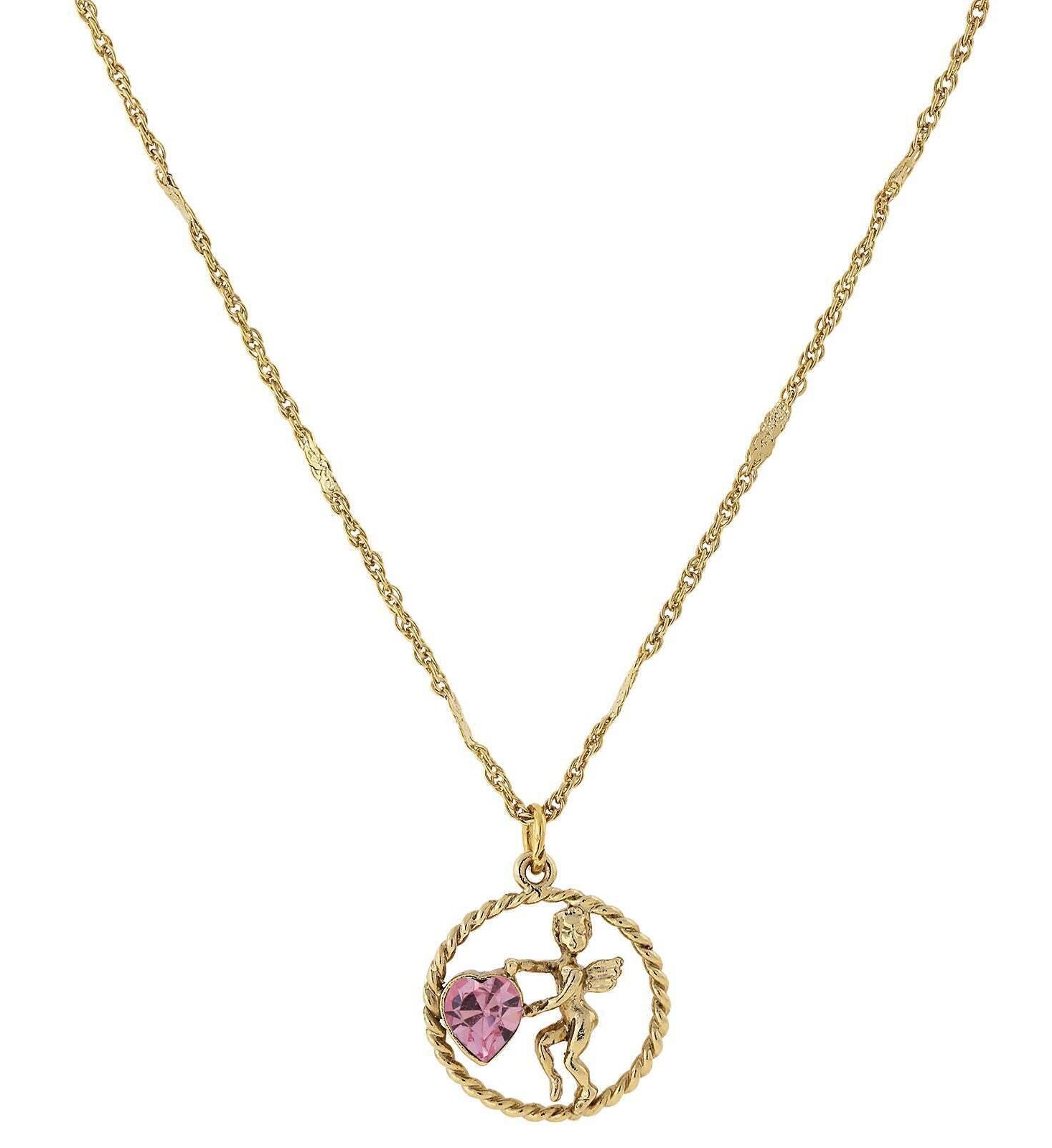 1928 Jewelry Winged Cherub Angel Crystal Heart Pendant Necklace 16" + 3" Extender