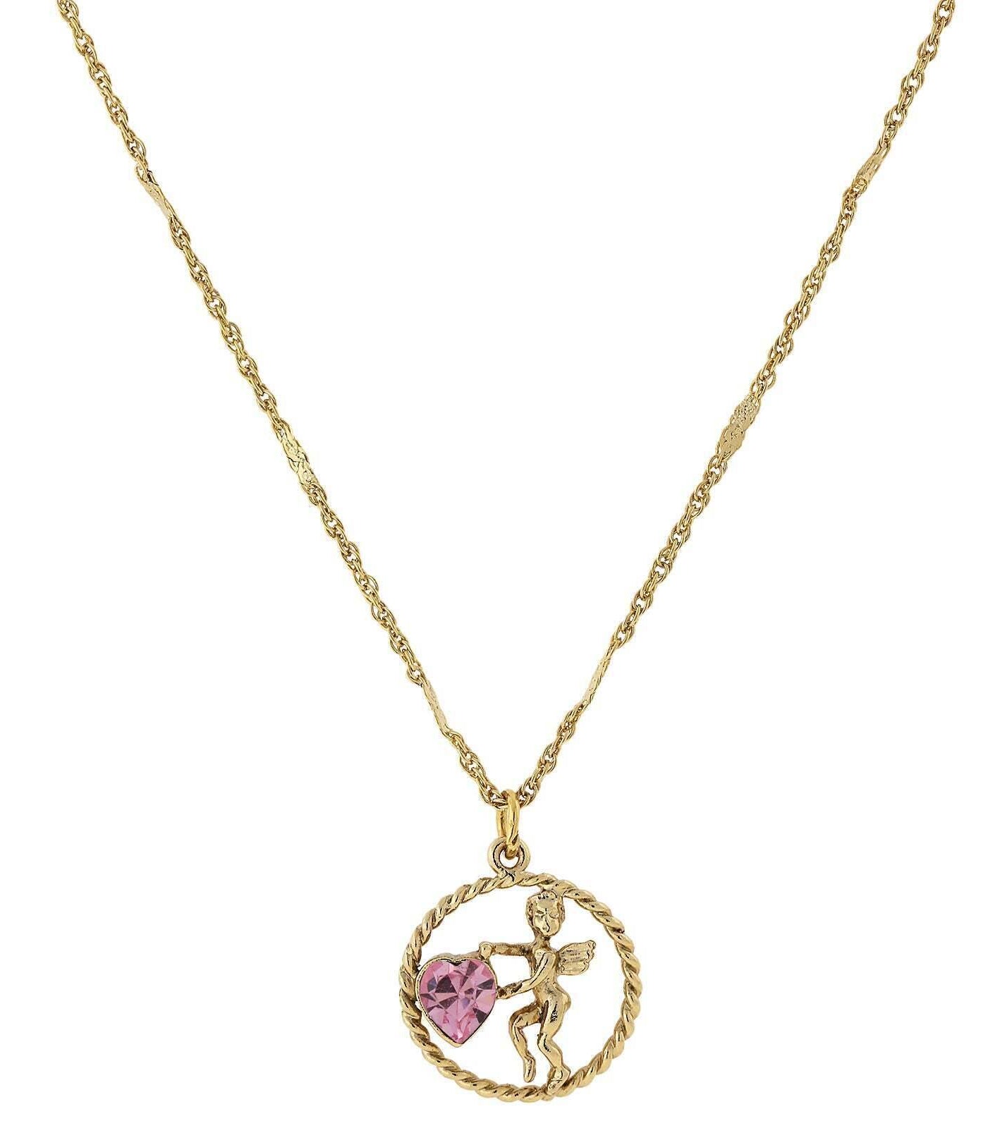 1928 Jewelry Winged Cherub Angel Crystal Heart Pendant Necklace 16" + 3" Extender