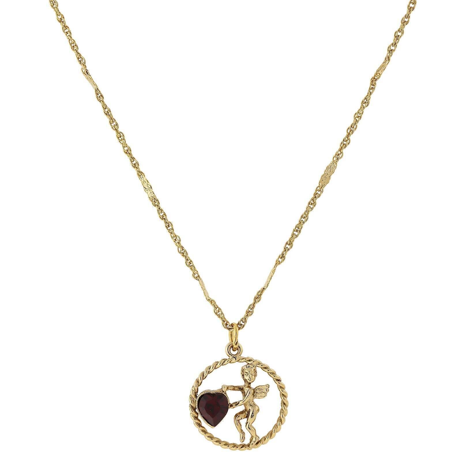 1928 Jewelry Winged Cherub Angel Crystal Heart Pendant Necklace 16" + 3" Extender