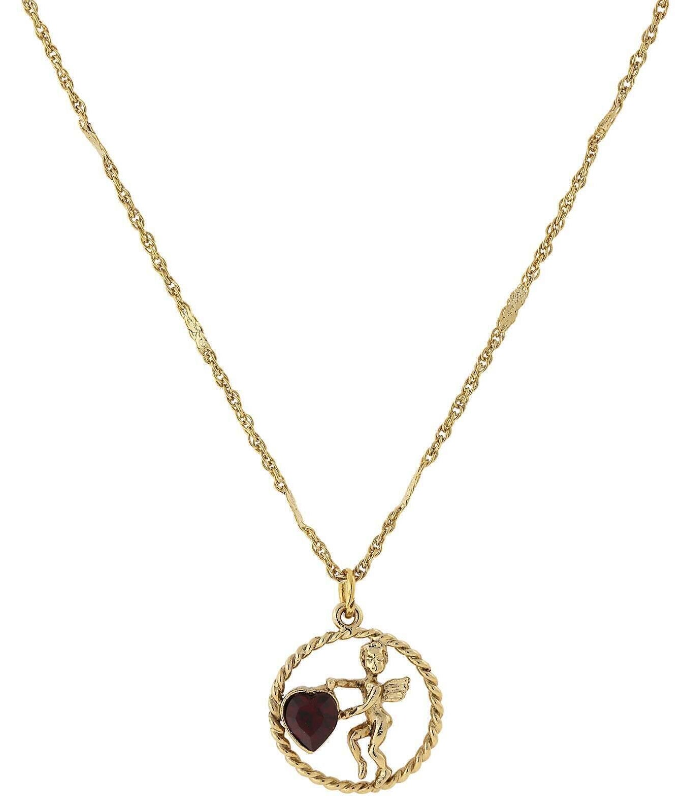 1928 Jewelry Winged Cherub Angel Crystal Heart Pendant Necklace 16" + 3" Extender