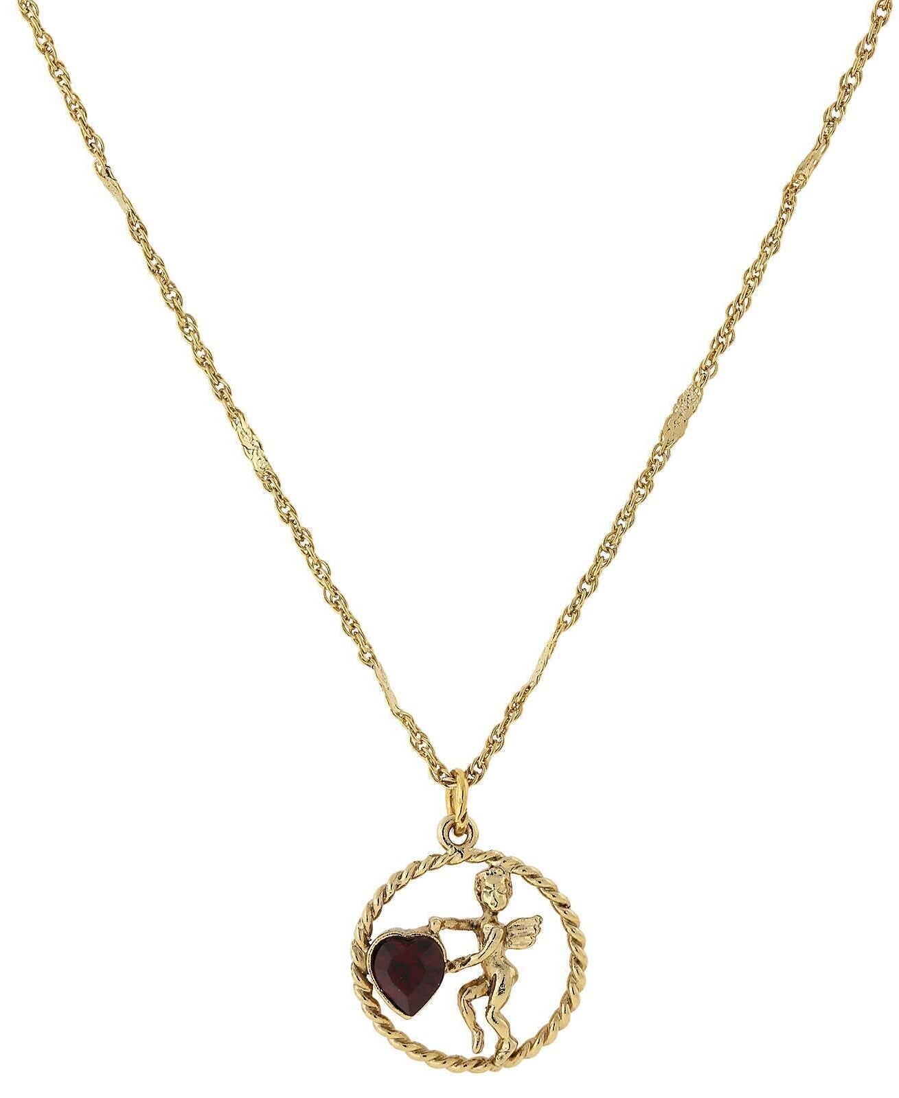 1928 Jewelry Winged Cherub Angel Crystal Heart Pendant Necklace 16" + 3" Extender