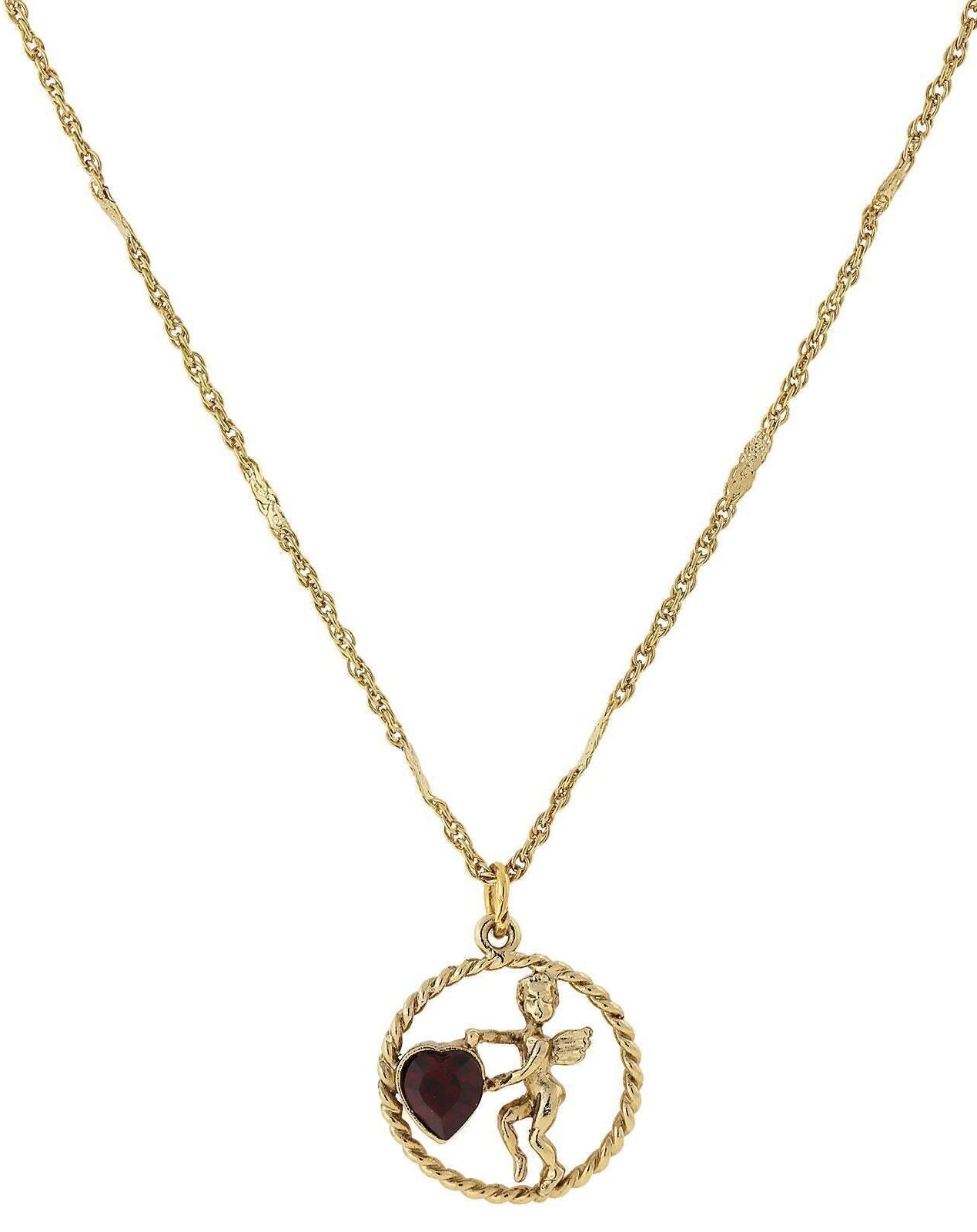 1928 Jewelry Winged Cherub Angel Crystal Heart Pendant Necklace 16" + 3" Extender