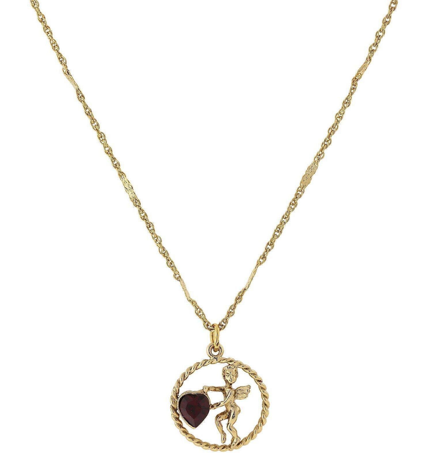 1928 Jewelry Winged Cherub Angel Crystal Heart Pendant Necklace 16" + 3" Extender