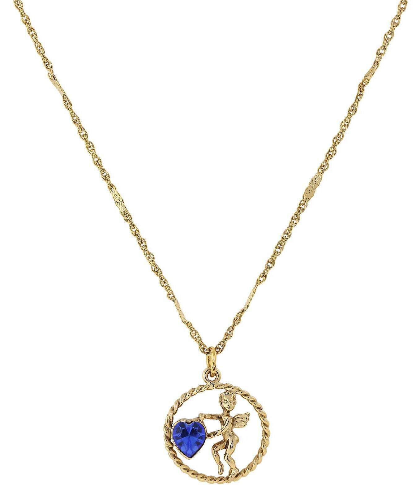 1928 Jewelry Winged Cherub Angel Crystal Heart Pendant Necklace 16" + 3" Extender