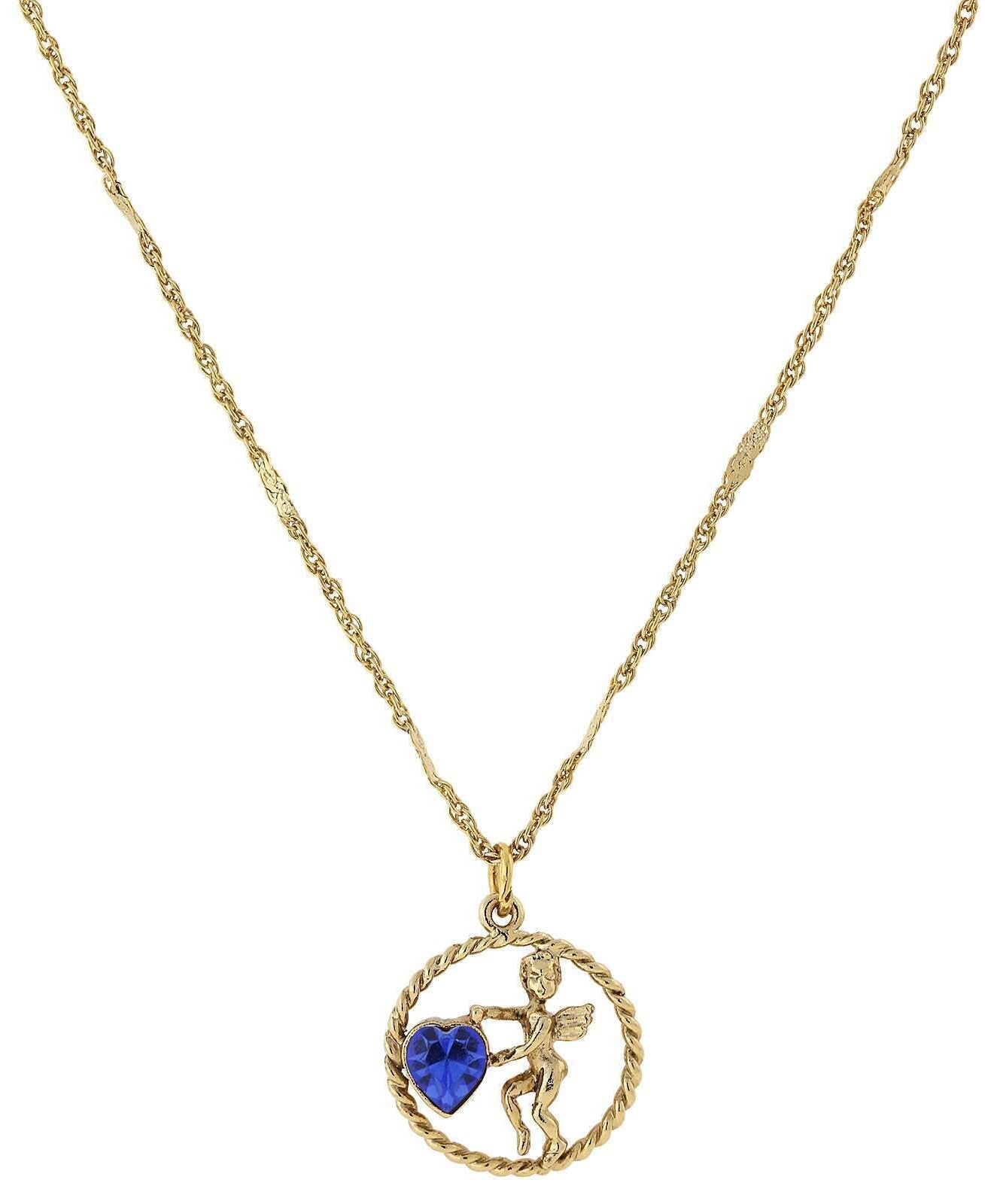 1928 Jewelry Winged Cherub Angel Crystal Heart Pendant Necklace 16" + 3" Extender